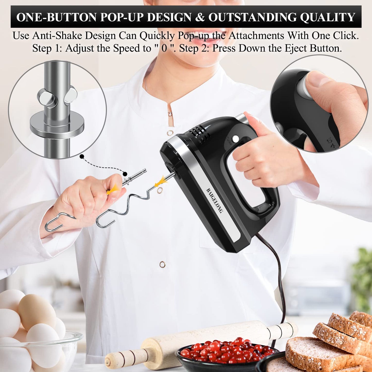 BAIGELONG Hand Electric Mixer, 300W Ultra Power Food Kitchen Mixer with 5 Self-Control Speeds + Turbo Boost, 5 Stainless Steel Attachments Handheld Mixer for Baking, BLACK