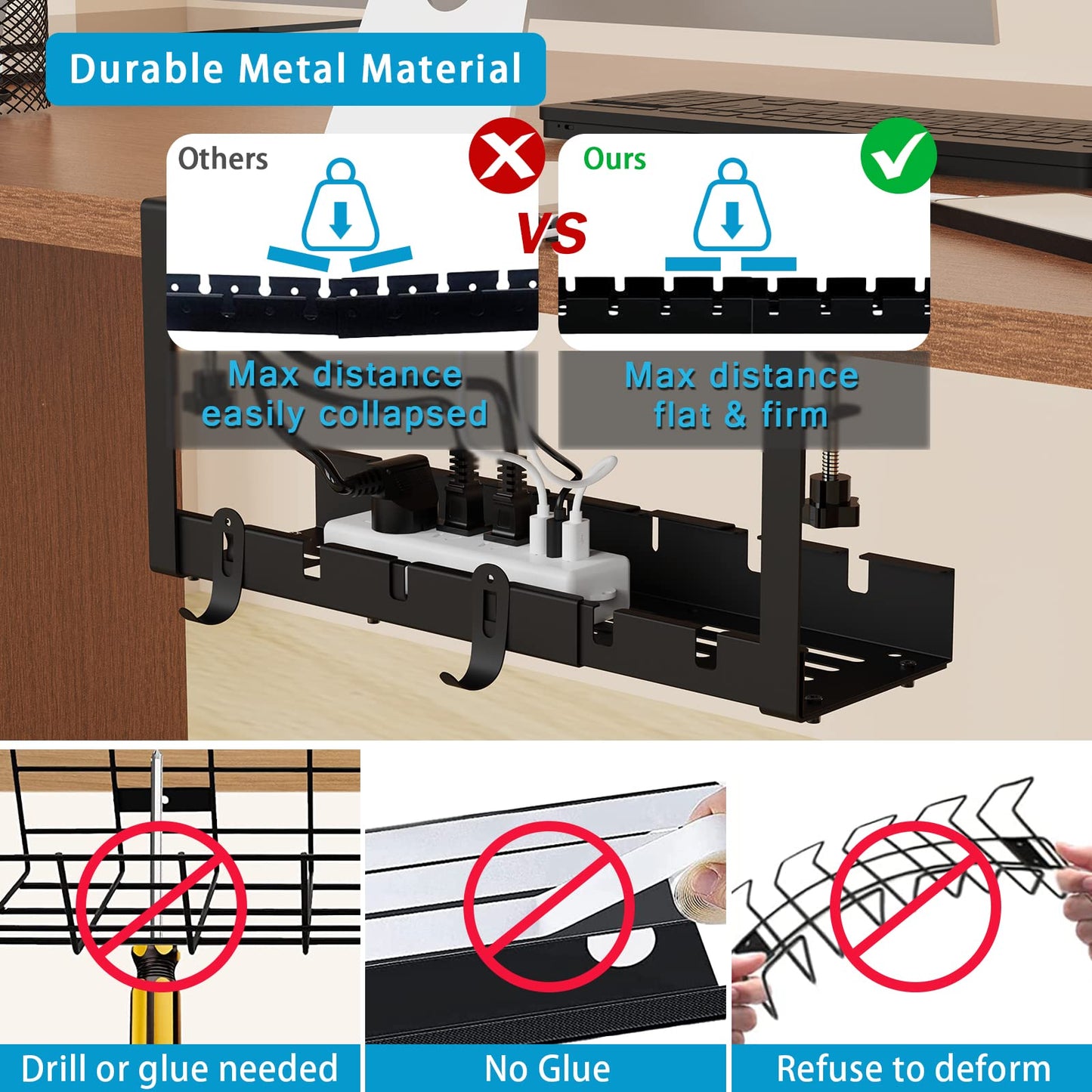 - Flow fire No Drill Under Desk Cable Management Tray | 11.2inch-21.7inch Retractable Under Desk Cable Tray for Wire Management | Under Desk Wire Management for Office and Home(Black) -