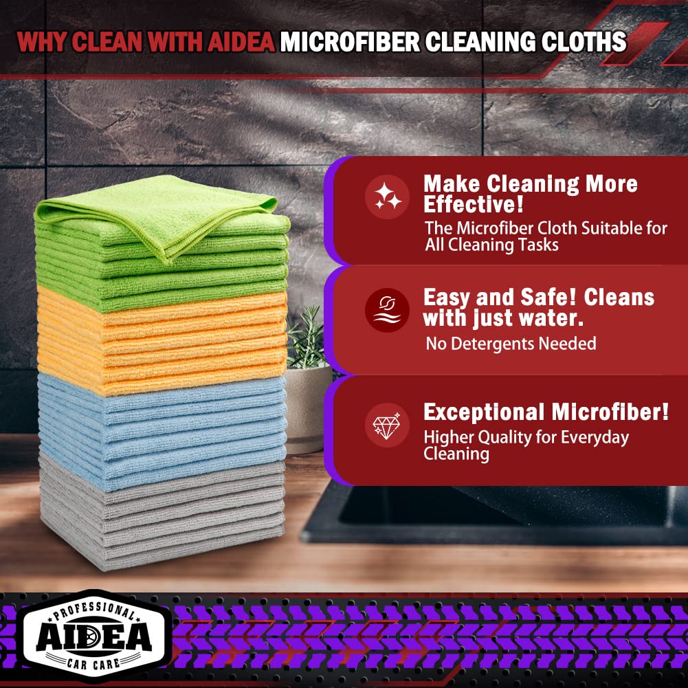 AIDEA Microfibre Cloth 24 Pack-Premium All-Purpose Cleaning Cloths for Cars-Soft & Absorbent Lint Free Streak Free Wash Cloth for House, Kitchen, Windows,30X40CM