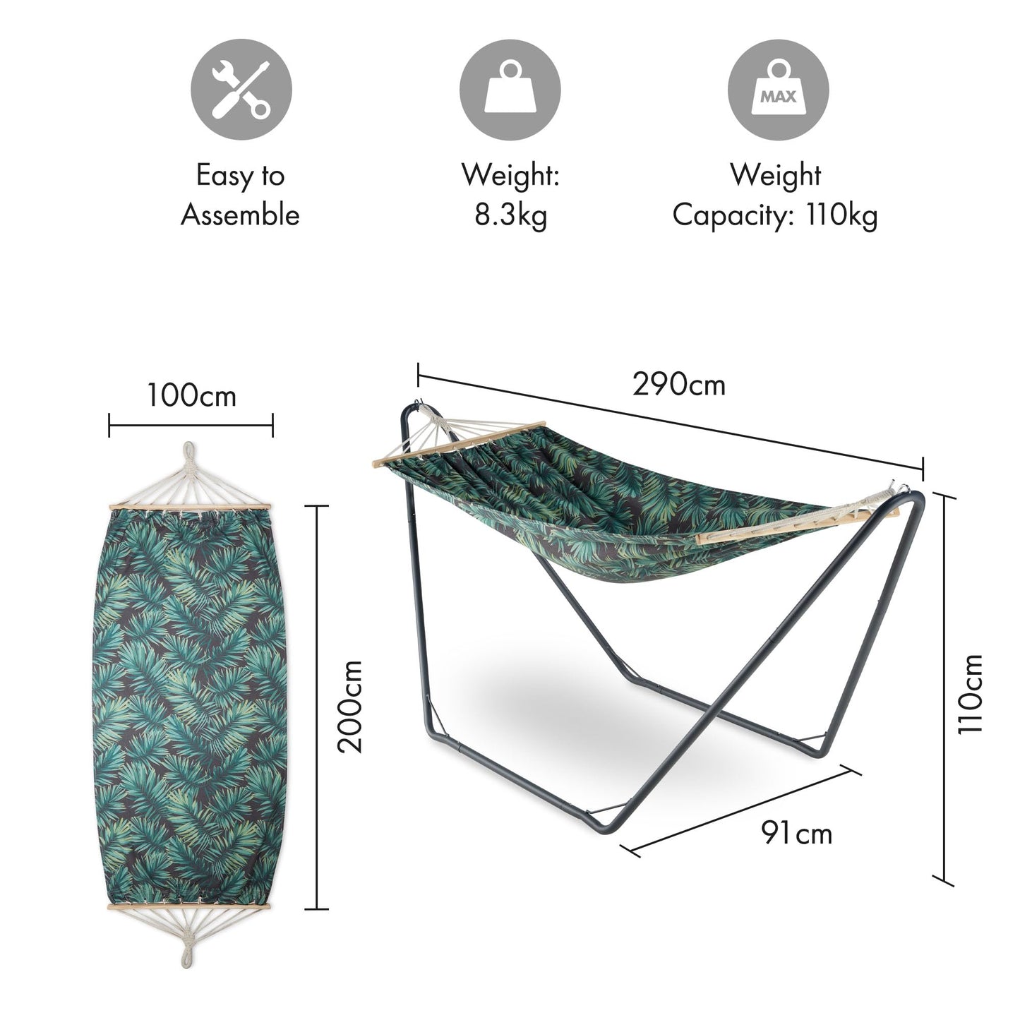 - VonHaus 1 Seater Hammock With Frame - Leaf Print 1 Person Garden Hammock with Stand -