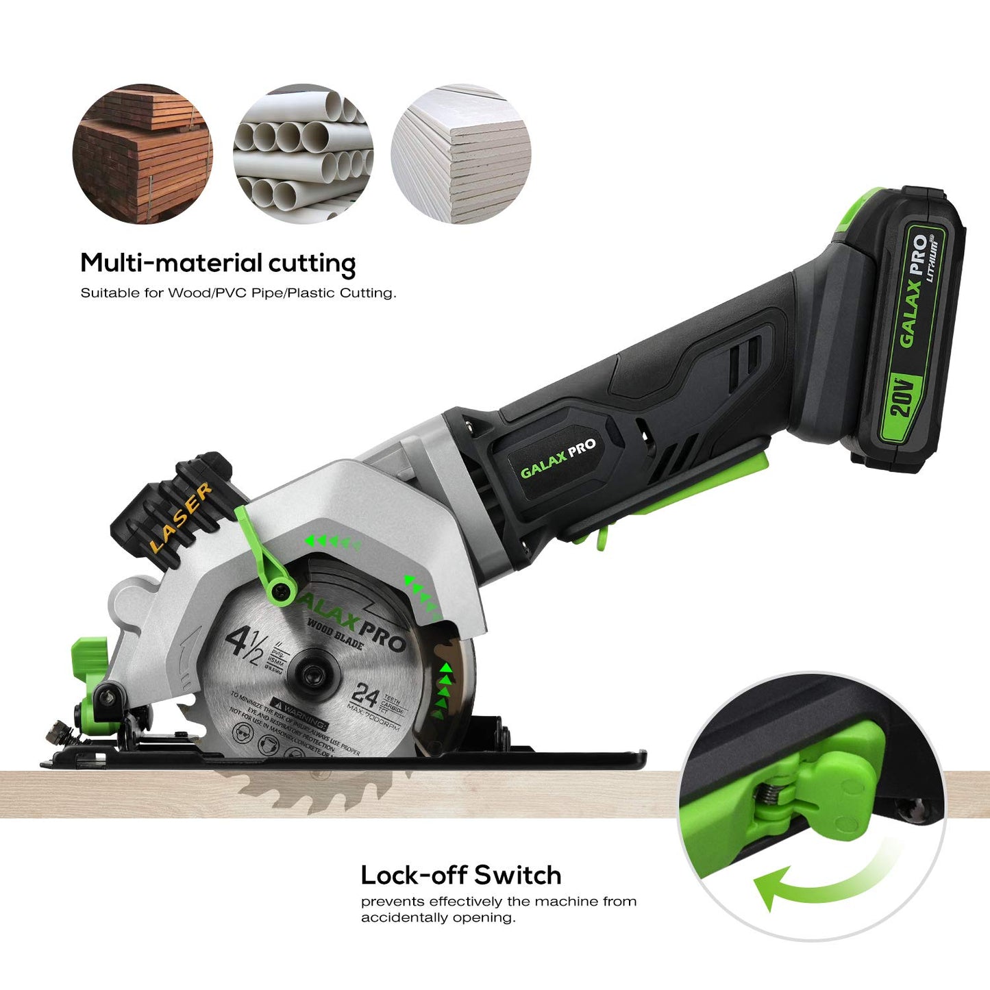 - GALAX PRO Mini Circular Saw | 20V 3400RPM Professional Cordless Circular Saw | Adjustable Angle and Depth | Max Cutting Depth 42.8mm (90°) | 28mm(45°) | Laser Guide | Blade 115mm -