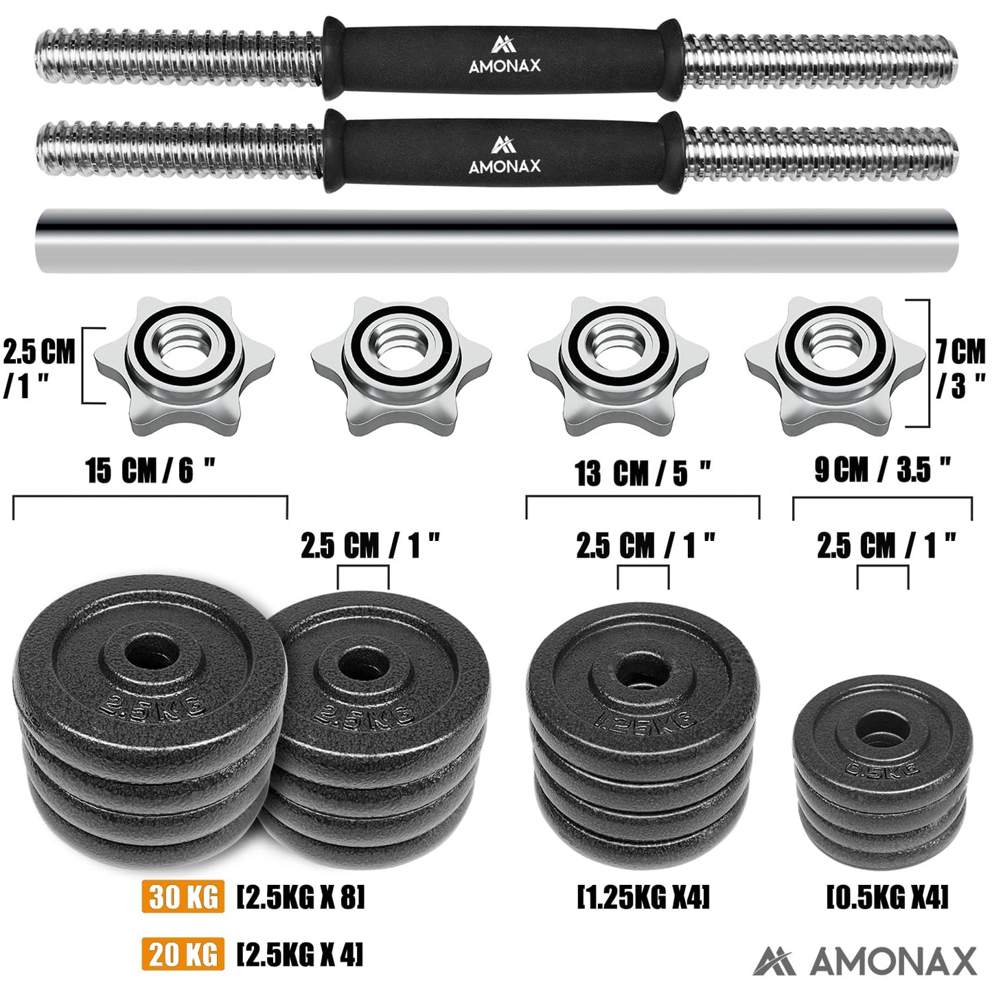 Amonax 30kg Cast Iron Adjustable Dumbbells Weight Set, Barbell Set Men Women, Strength Training Equipment Home Gym Fitness, Dumbell Pair Hand Weight, Bar Bells Free Weights for Weight Lifting
