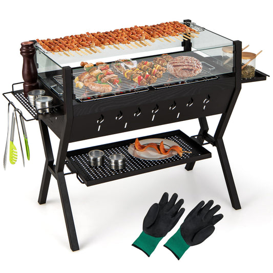 COSTWAY 2-in-1 Barbecue Grill, Metal Large Fire Pit with Glass Wind Guard, Seasoning Racks, Storage Shelf & Gloves, Outdoor Square Charcoal Smoker Heater for Party Camping