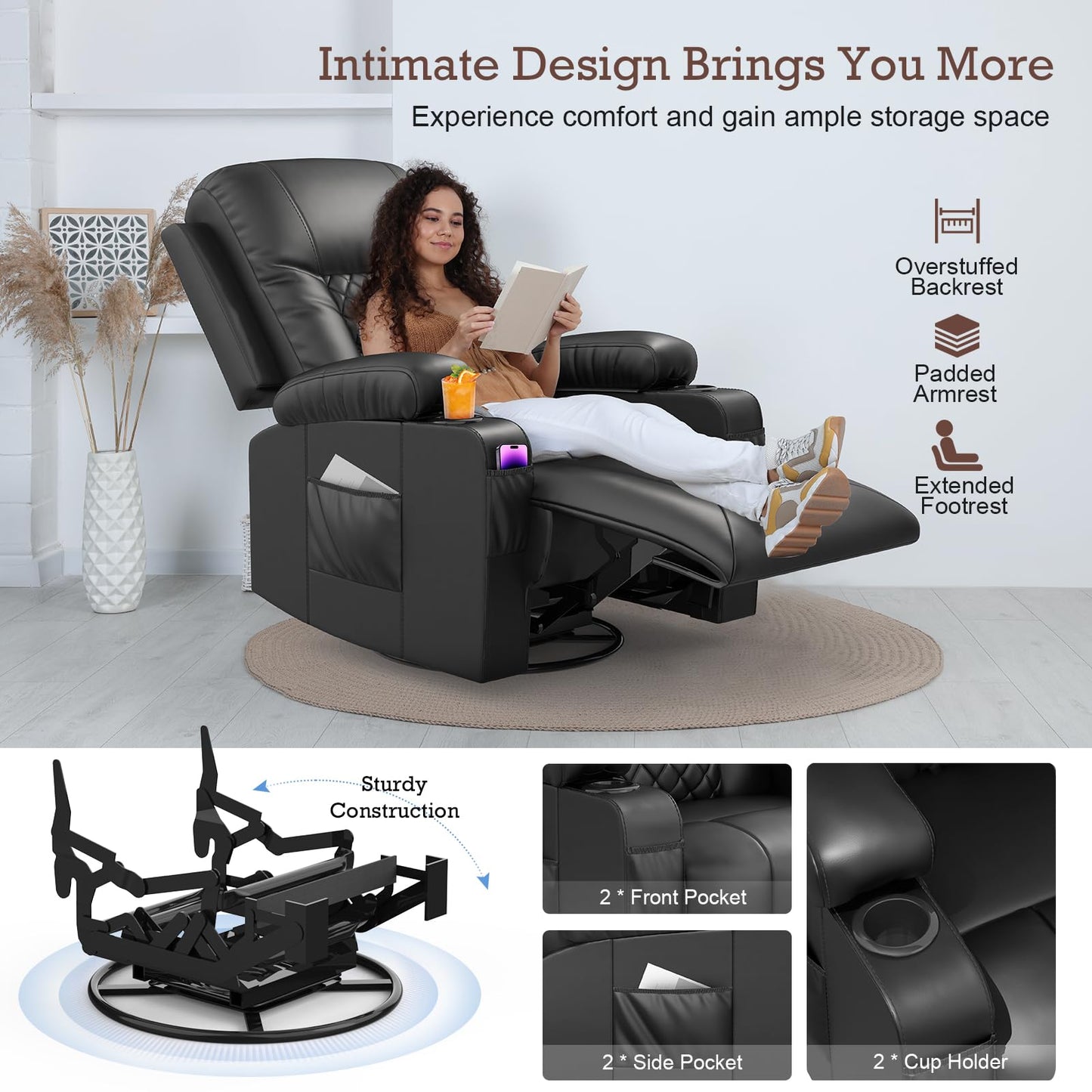 - YONISEE Recliner Chair, Swivel Recliner Rocker Chairs with 360° Rotate & 125° Rocking Mechanism, Extended Footrest, Swivel Armchair Single Sofa Living Room Lounge with Drink Holders & Side Pockets