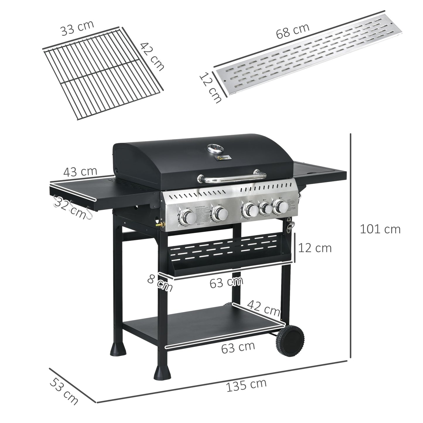 - Outsunny 4+1 Gas Burner Grill | 12.5 kW Propane Gas Barbecue -