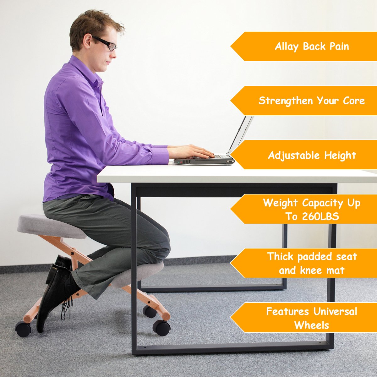 CASART Ergonomic Kneeling Chair, Adjustable Wooden Frame Kneeler Stool, Home Office Orthopaedic Posture Chairs (Grey)