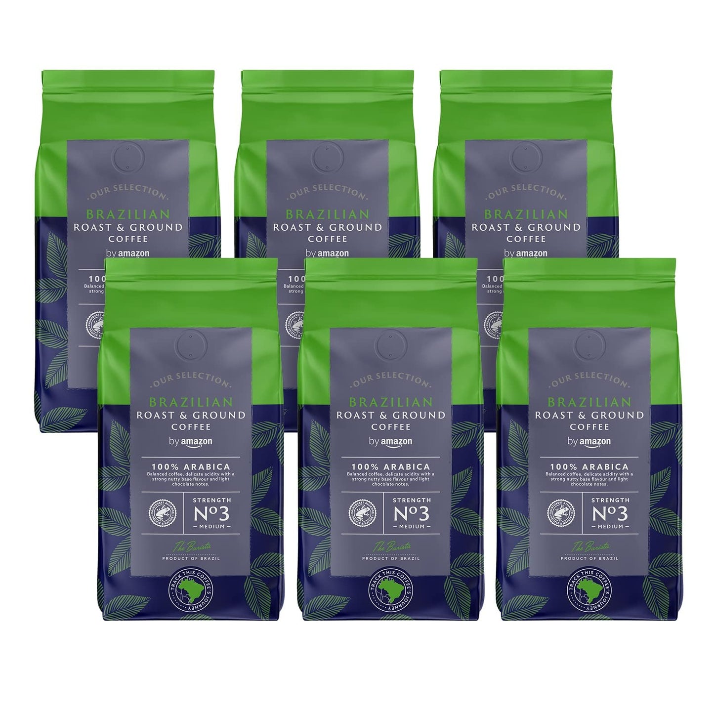 by Amazon Brazilian Roast and Ground Coffee, Medium Roast, 1.36Kg (6 Packs of 227g), Rainforest Alliance Certified