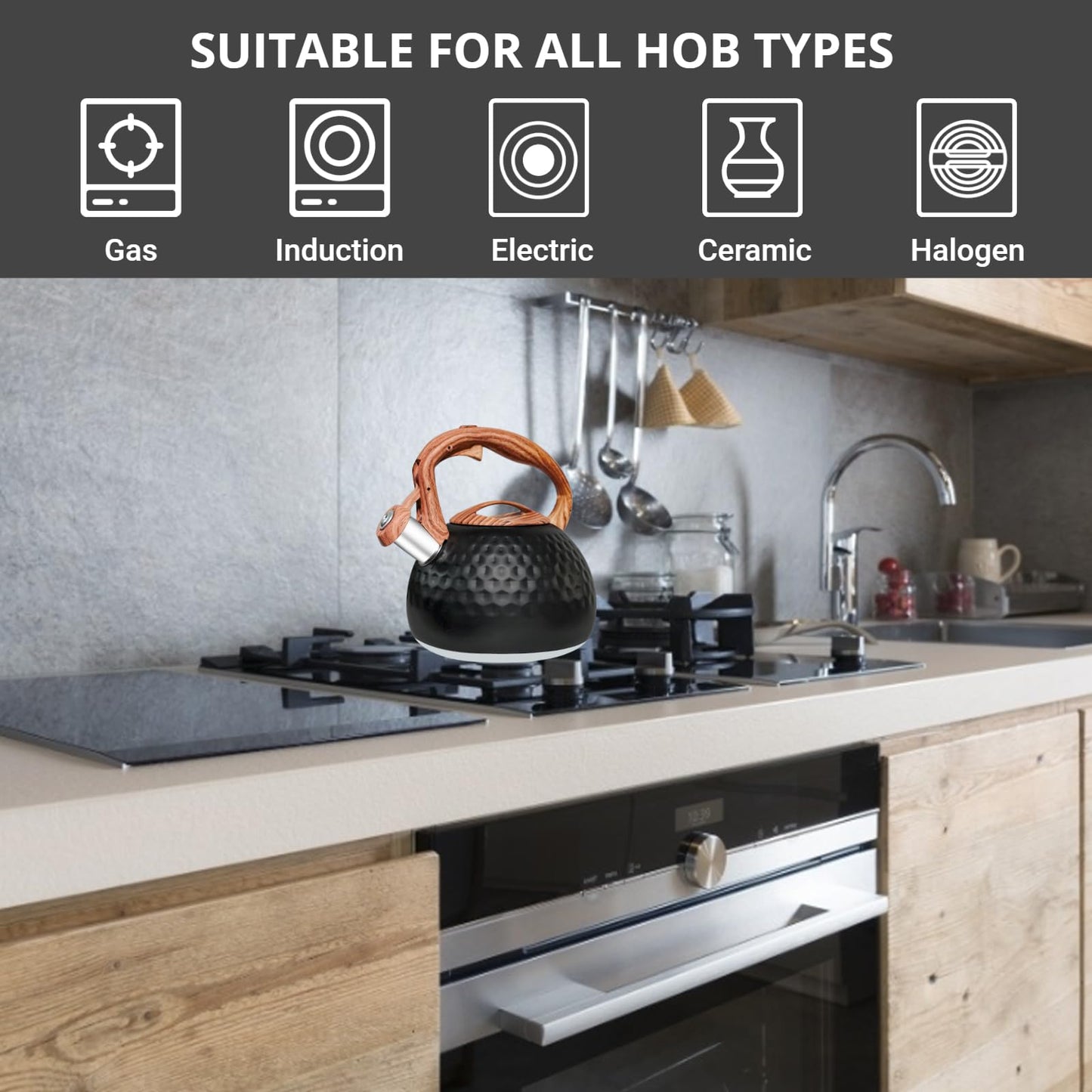 Beruyu Stove Top Whistling Kettle, Stainless Steel Teapot with Wood Grain Handle, for Gas Stove Induction Cooker, 3L (Black)