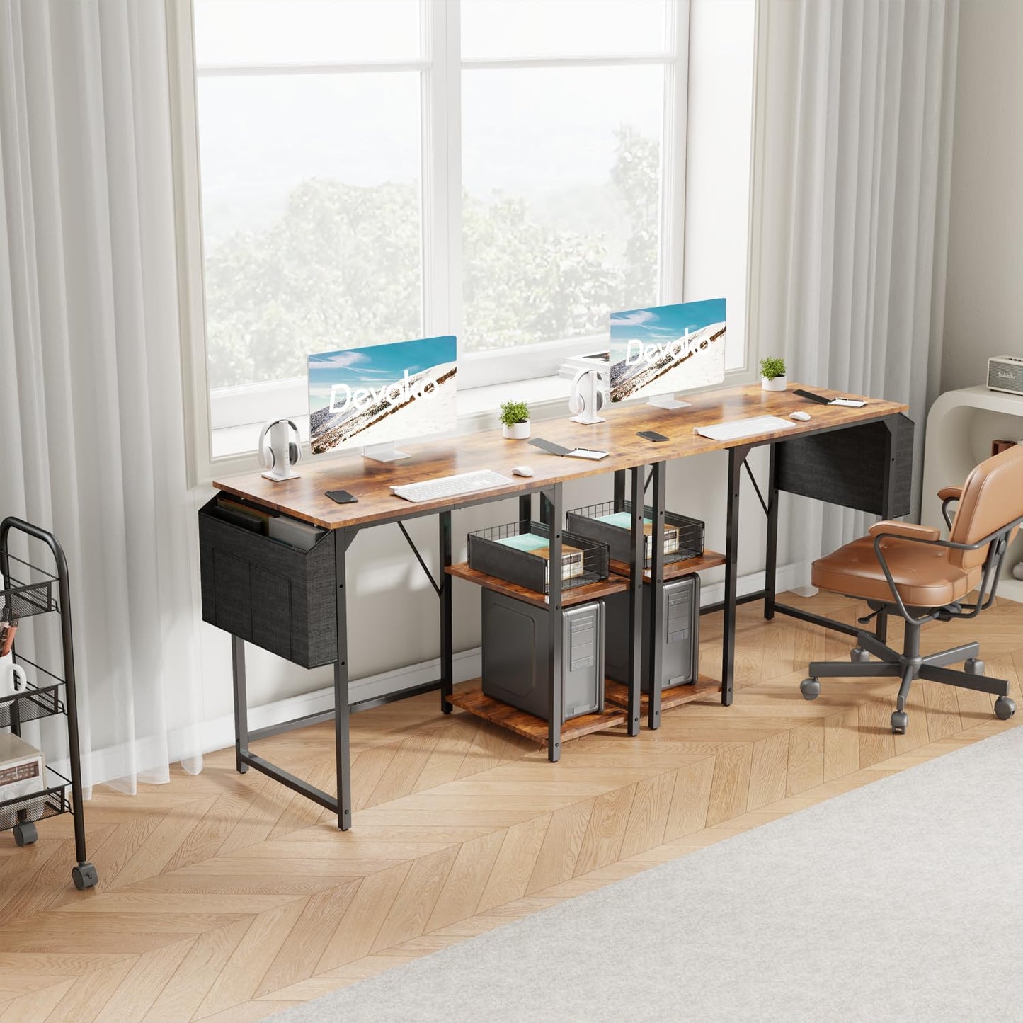 Devoko 100cm Computer Desk with Storage Shelves, Study Writing Desk Small Desks for Small Spaces, Home Office desk, Laptop Table for Home Workstations, Side Pocket Storage Bag, Rustic Brown