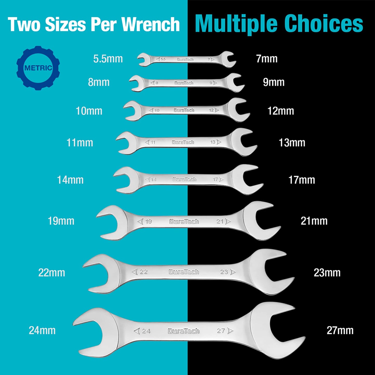 - DURATECH Double Open End Spanner Set | Super-Thin Open Ended Wrench Flat Spanner Set for Narrow Space | Carbon Steel, Mirror-Chrome Plated | 8-Piece | Metric | 5.5 mm-27 mm | Carry Pouch -