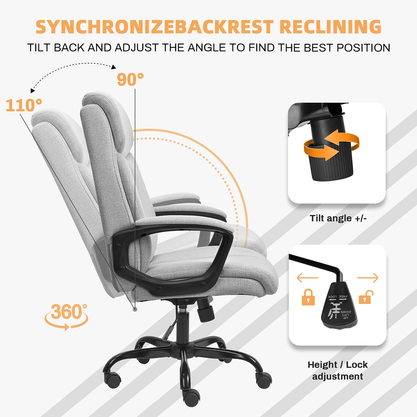 BASETBL Executive Office Chair Comfy Chair, TUV & EN1335 Standard Ergonomic Computer Desk Chair, Multi-zone Support Skin-friendly Breathable Fabric, High Back for Home Office Widen and Enlarge (Grey)