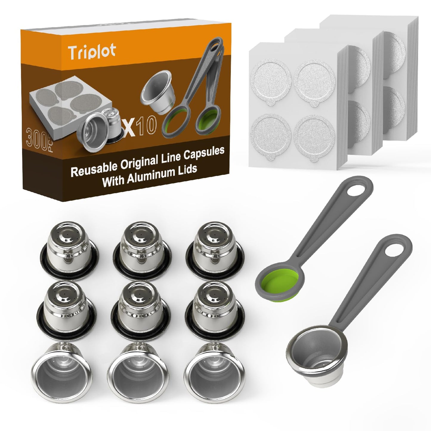 - Triplot 10pcs Reusable Capsules for Nespresso OriginalLine | Refillable Coffee Pods for Nespresso OriginalLine Machine (10pods+300Lids) -