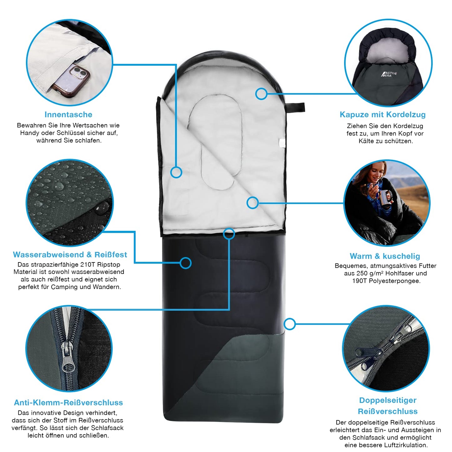 Active Era Premium Mummy Sleeping Bag 250 GSM, Sleeping Bag Winter & Summer, -11°C to 8°C, Indoor and Outdoor Camping, Festivals, Sleeping Bag Water-Repellent, Ultralight Small Pack Size - Black