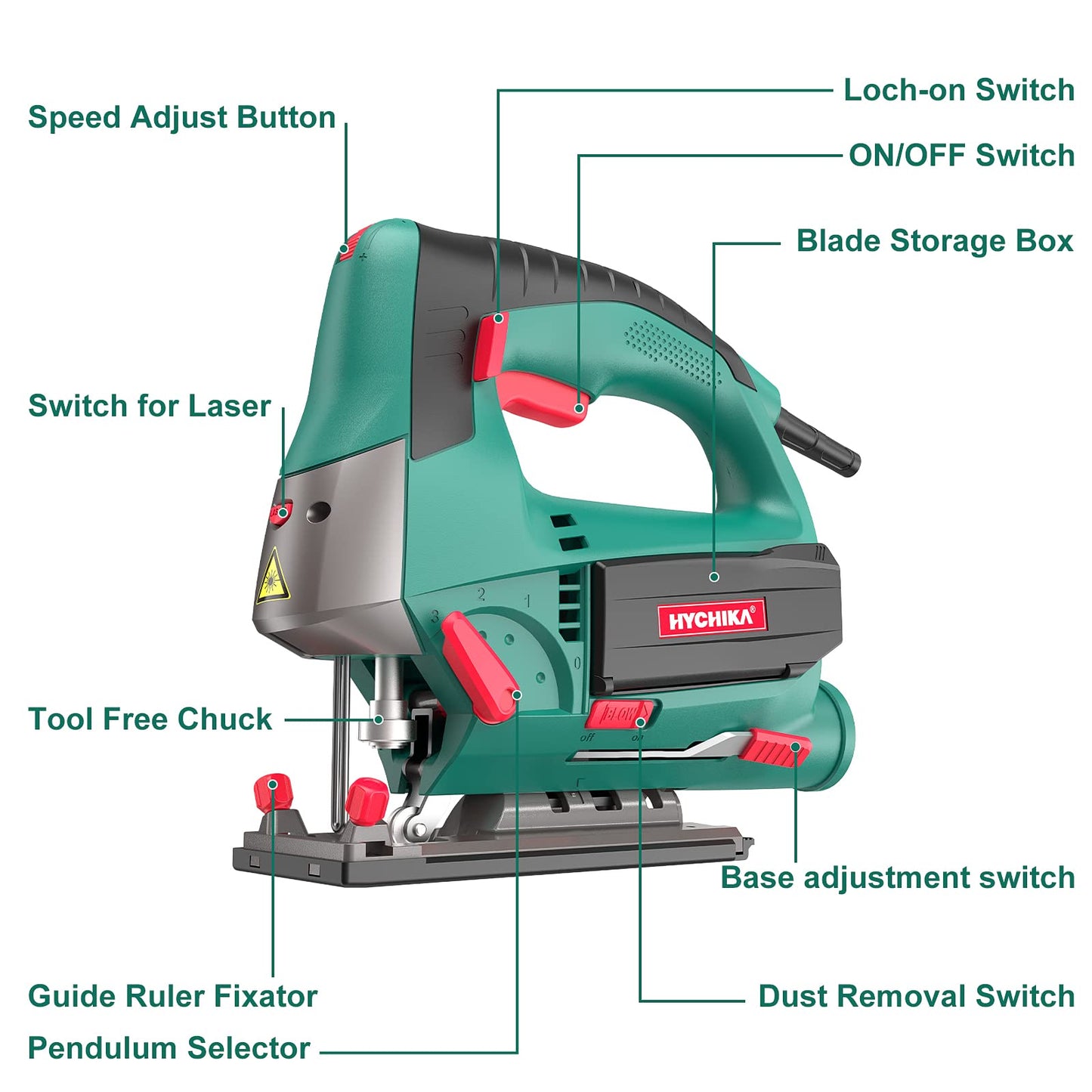 - Jig Saws | 800W Max Cutting Depth 110mm for Wood | 800-3000 SPM HYCHIKA Electric Jigsaw with Laser | 6 Variable Speeds -