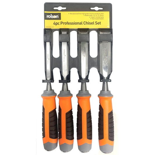 - Rolson 56135| 4pcs | CRV Wood Chisel Set | Black/Orange -
