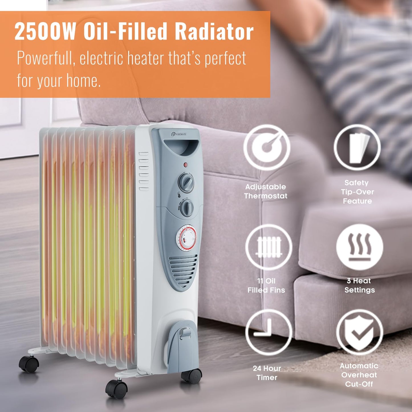 - PureMate Oil Filled Radiator | Portable Electric Heater | Adjustable Temperature and Thermostat -