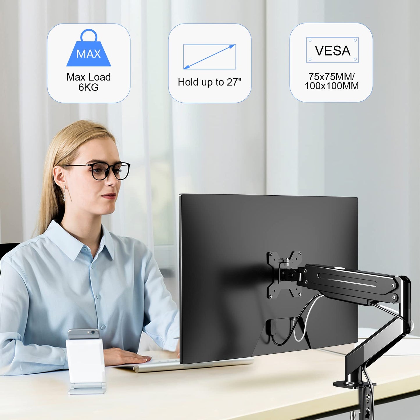 - Suptek | Single Monitor Arm | Gas Spring | Monitor Arm Desk Mount for 17-27 inch Monitors up to 6kg -