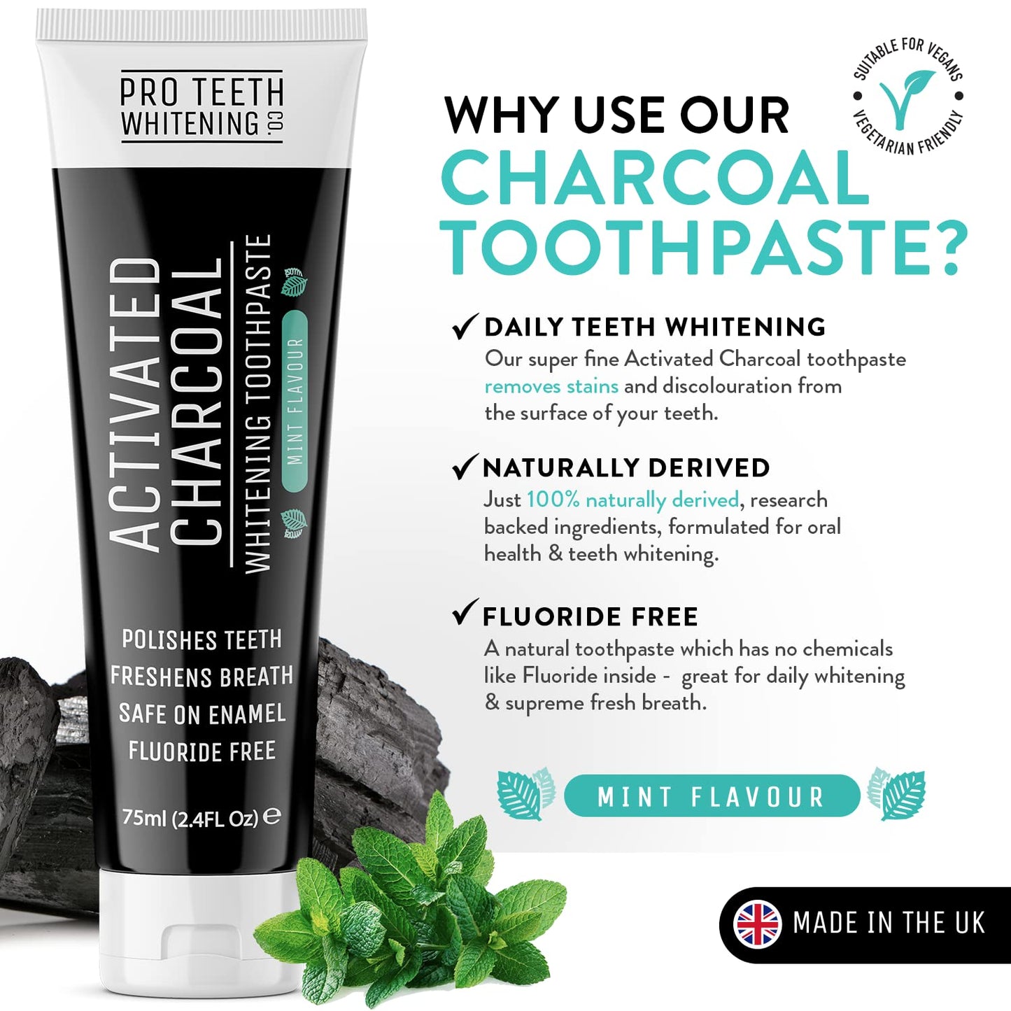 Charcoal Whitening Toothpaste - Instant Natural Teeth Whitening - Activated Charcoal - Plaque Remover - Removes Up to 100% of Surface Stains - Safe on Enamel & Flouride Free - Pro Teeth Whitening Co.
