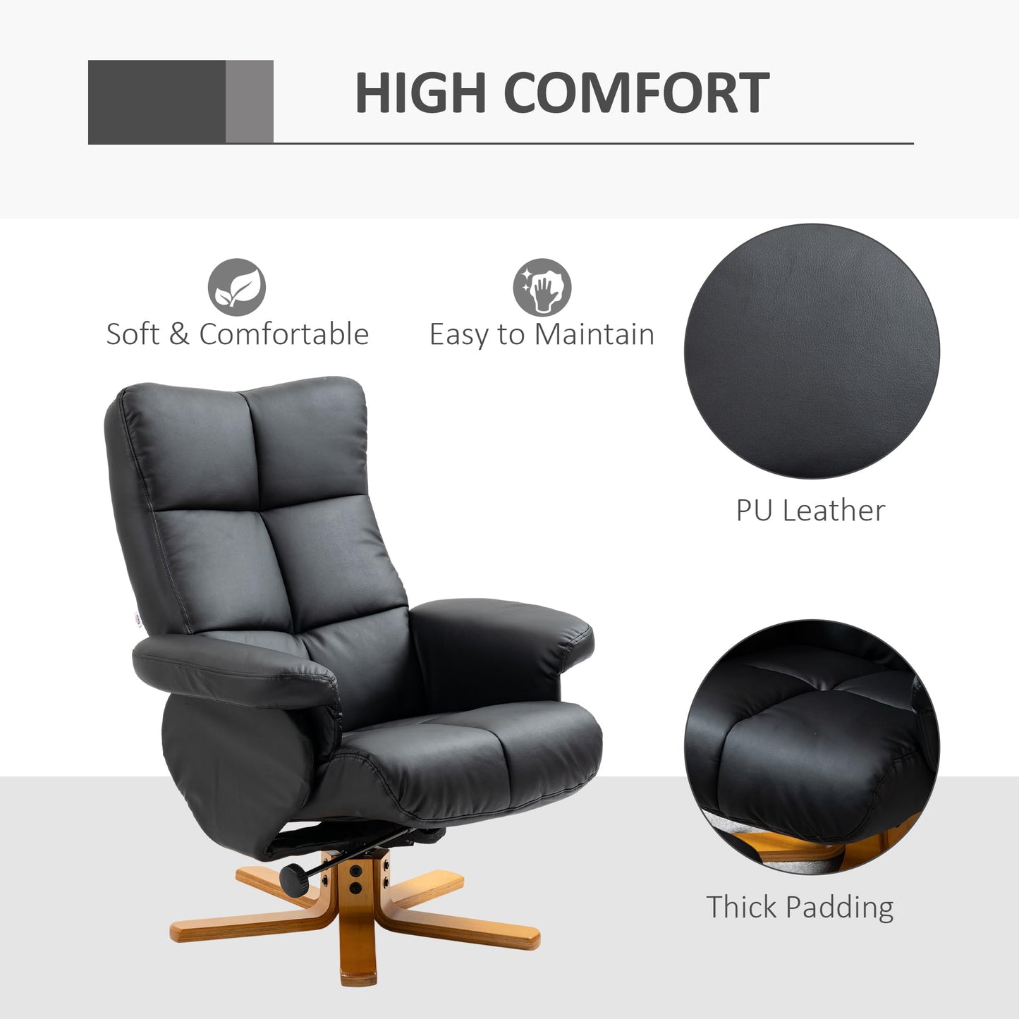 - HOMCOM Faux Leather Swivel Recliner Chair | Footstool | Wooden Base -