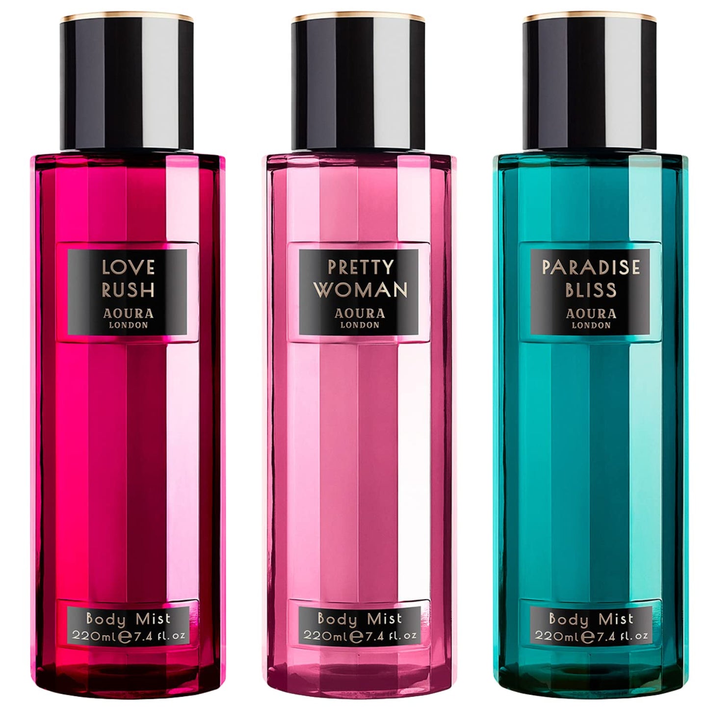 Aoura London Womens Pretty Woman, Paradise Bliss, Love Rush Body Mist Mixed Fragrance Spray 220ml Bundle (Pack of 3)