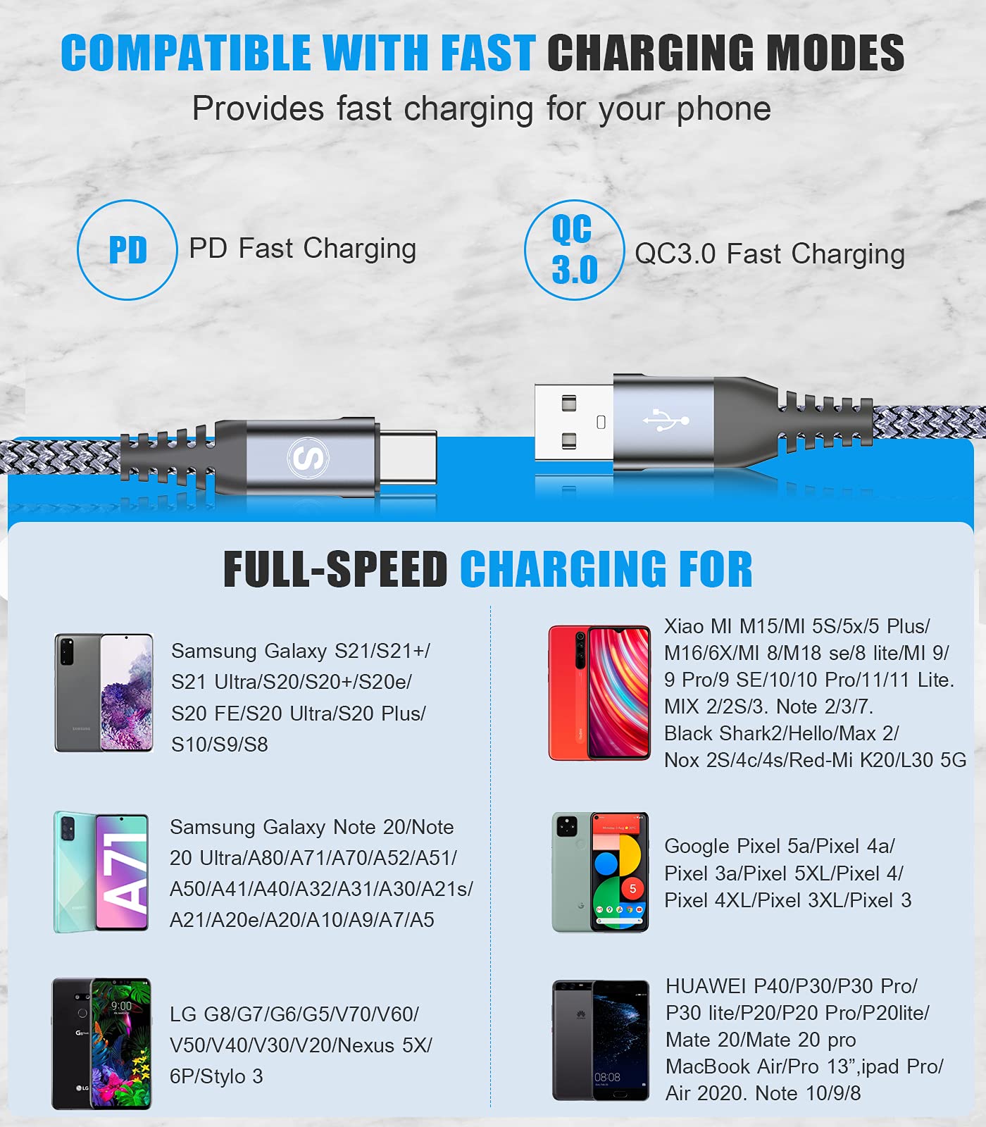 2-Pack 2M USB C Cable 3.1A Fast Car Charger Cable Compatible for iPhone 16 15 Plus Pro Max, Samsung Flip/Fold 6 5 4 3 S10 S9 S8 S20 S21 S22 S23 S24 A15/14/13/12 A35/A34 A55/54, Pixel 8 7 6, Tablets