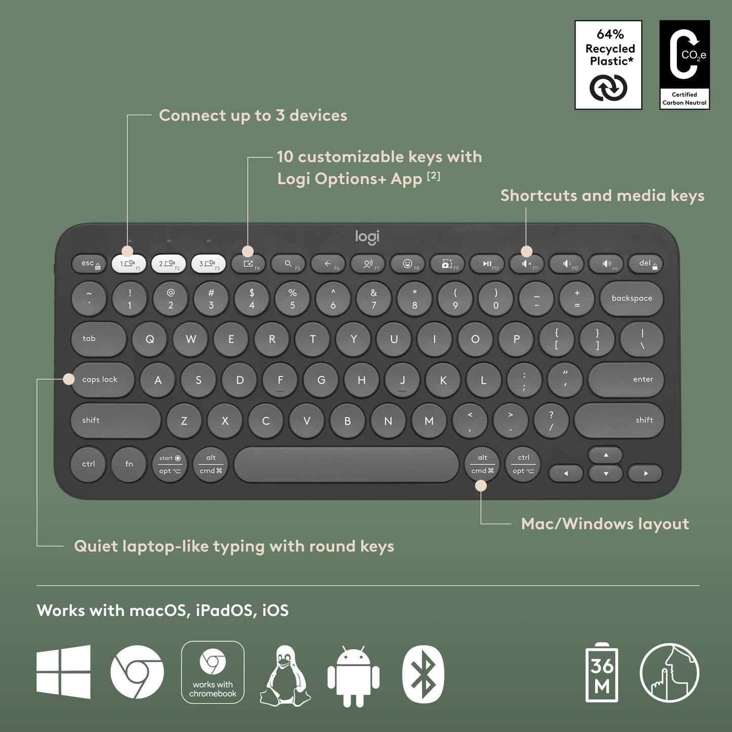 - Logitech Pebble Keys 2 K380s | Multi-Device Bluetooth Wireless Keyboard | Customisable Shortcuts -