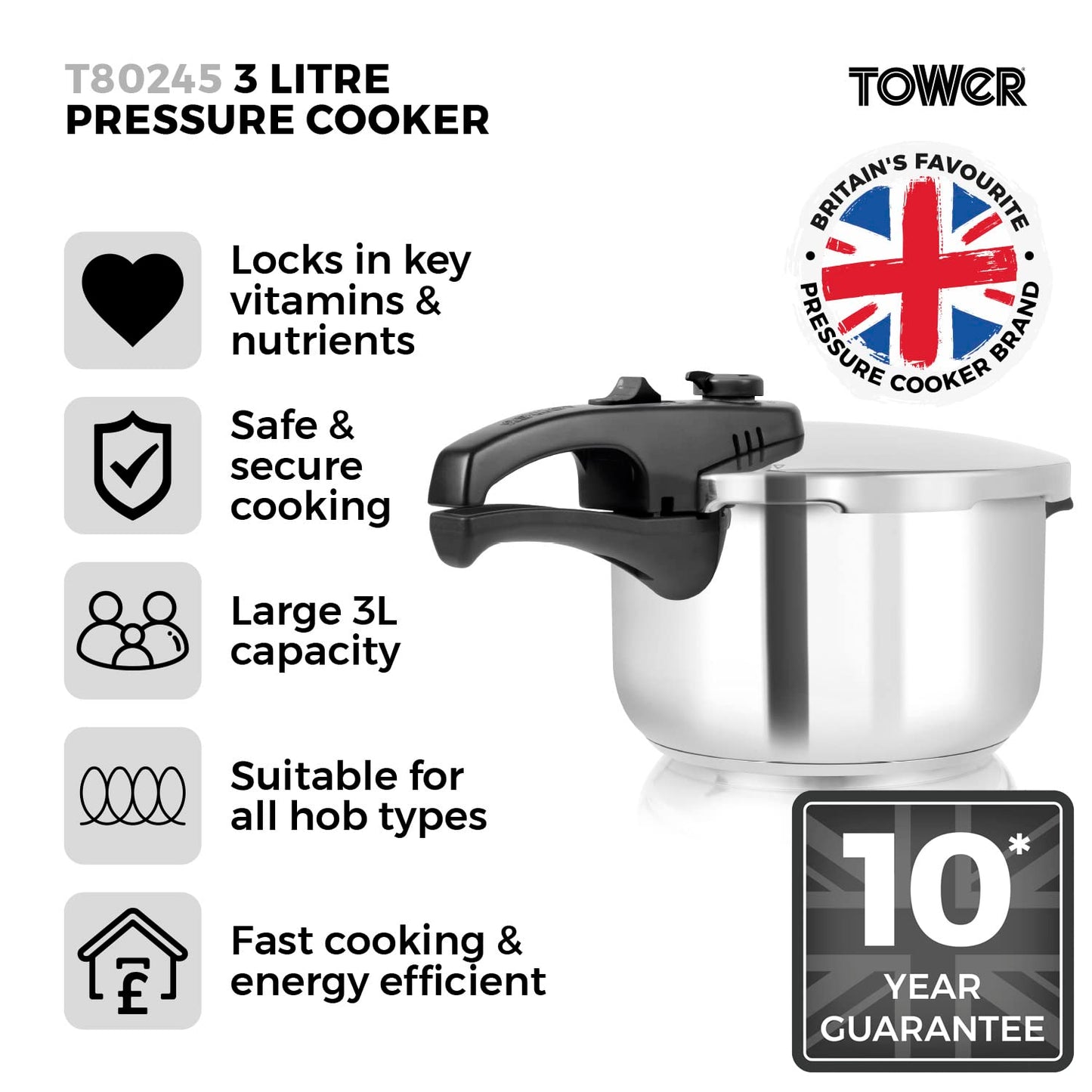 - Tower T80245 Stainless Steel Pressure Cooker | Steamer Basket | 3 Litre -