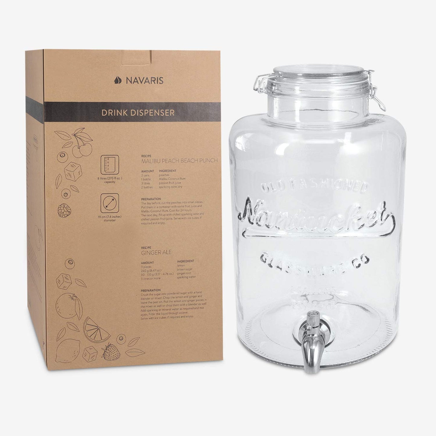 - Navaris Drinks Dispenser with Tap | 8L Glass Drink Jar -