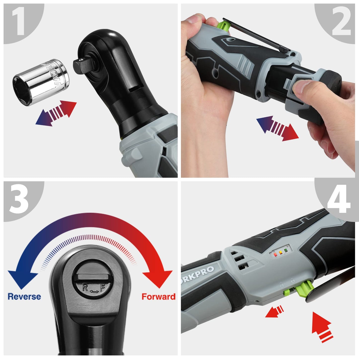 - WORKPRO Cordless Ratchet Wrench Set, 3/8" Cordless Ratchet with 7 Sockets, Extension Bar & Drive Adapter, 1H Fast Charger, 12V Powered Ratchet Wrench 55N.m with 2 Pack 2.0Ah Lithium-Ion Battery