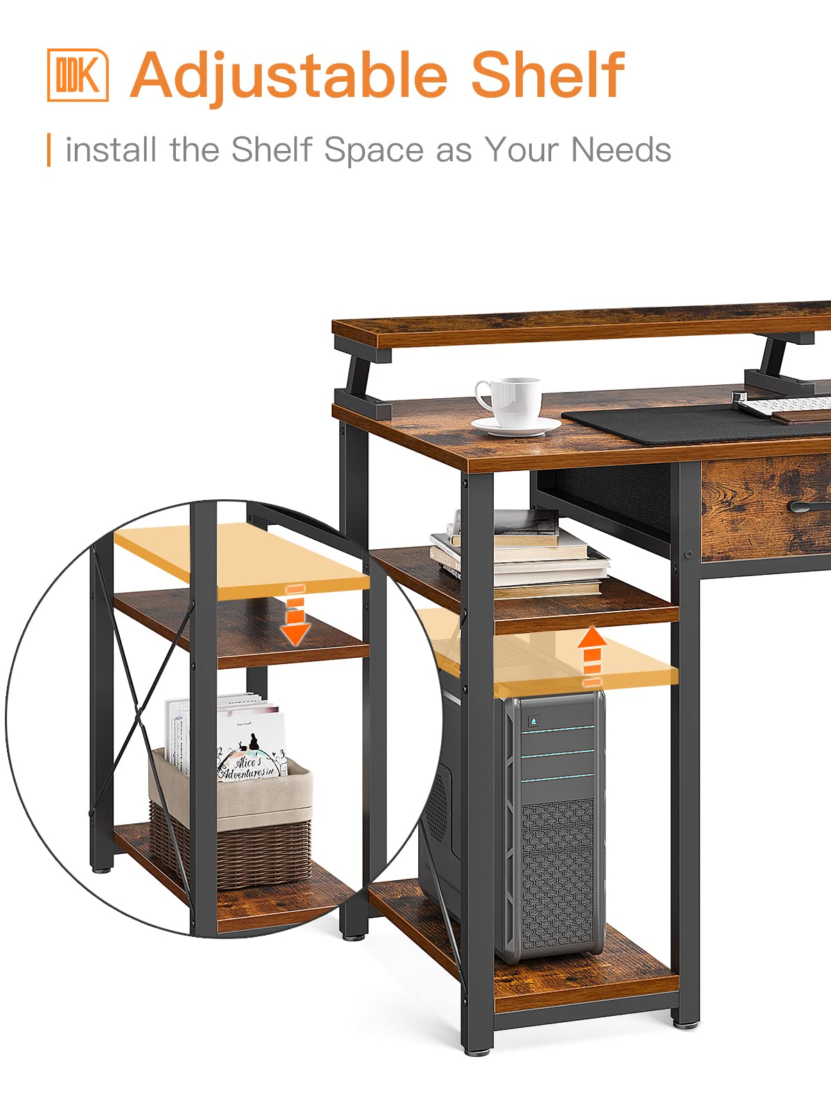 - ODK Computer Desk with Drawers | 48 Inch Office Desk | Storage & Shelves -