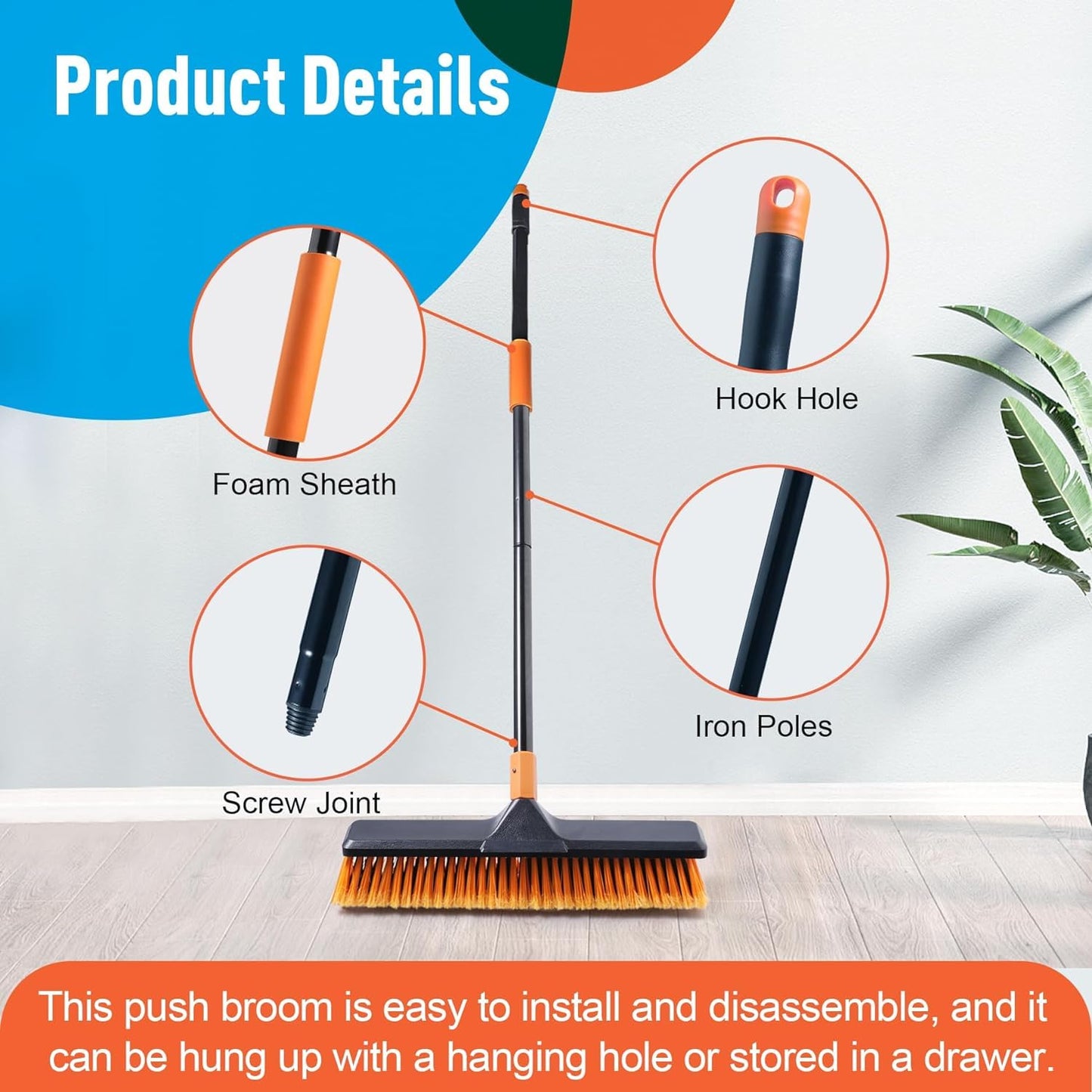 CLEANHOME Garden Broom, Yard Brush Heavy Duty Outdoor 2-1,166cm, suitable for Schools, Factories, Gardens, Broom Outdoor,Sweeping Brush(Orange black)