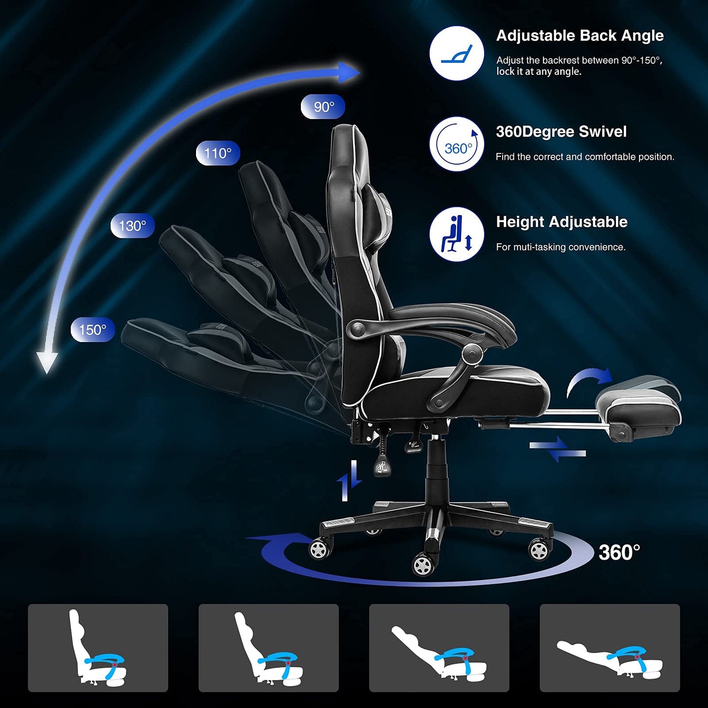 - Fullwatt Computer Gaming Chair | Footrest and Adjustable Arms | Reclining Swivel Chair -