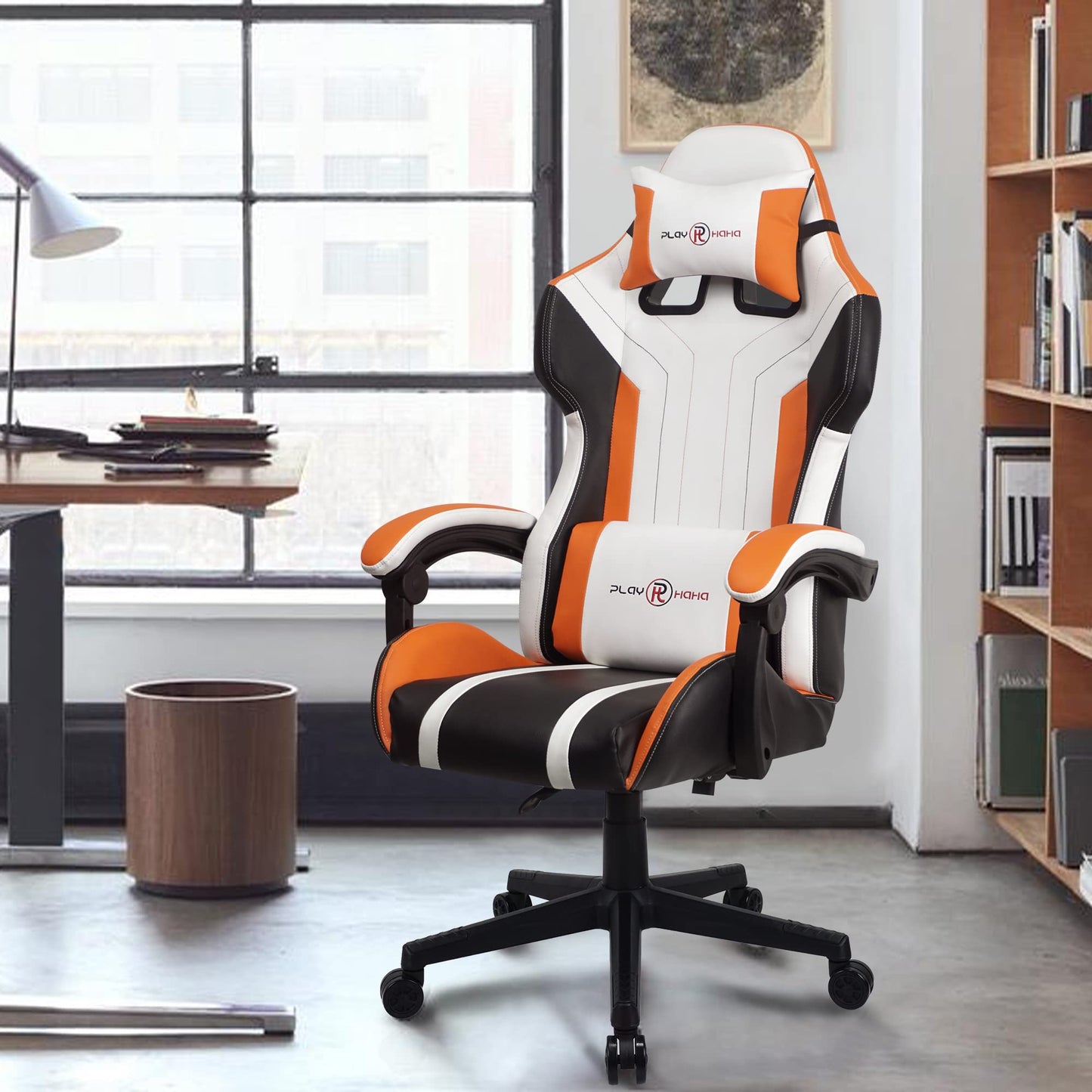 - T-THREE | Ergonomic Leather Gaming Chair | Height Adjustable with Headrest and Lumbar Support | Orange -