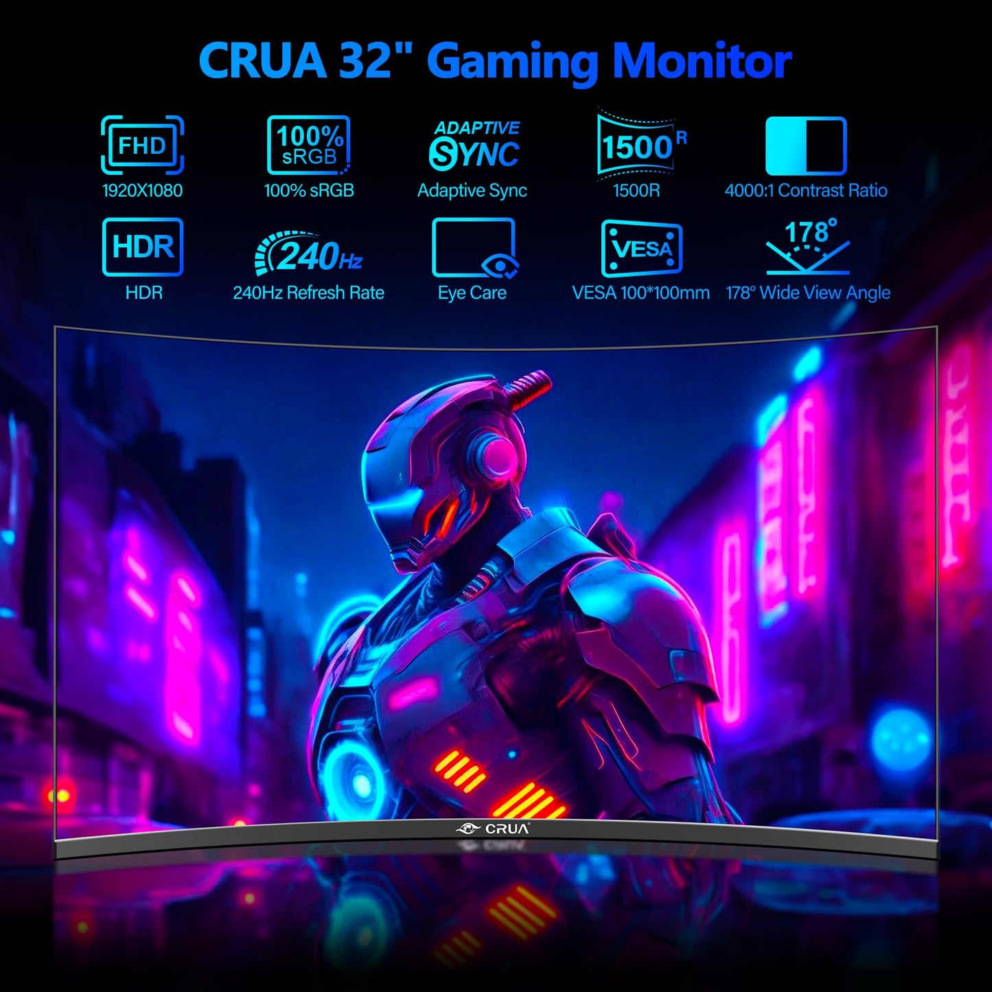 CRUA Gaming Monitor 32 Inch 240Hz, Curved PC Monitor Full HD 1080P 1500R Frameless Computer Monitor with FreeSync and Eye Care Technology, Supports VESA