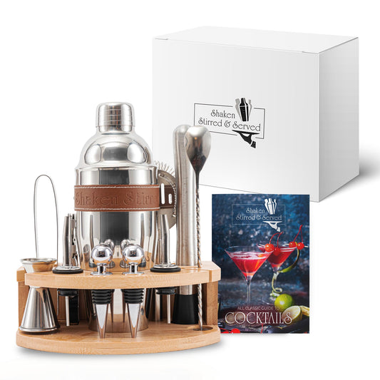 - Shaken Stirred & Served® Original Cocktail Shaker Set | Complete Cocktail Set Equipped with Stunning Equestrian Inspired Leather Strap & Cocktail Recipe Book –