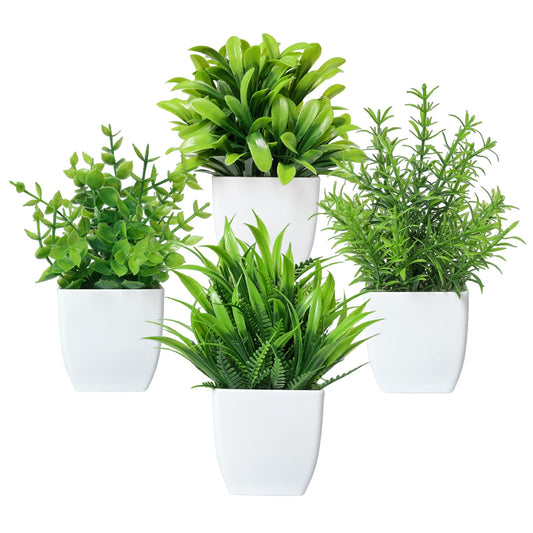 Canirologas Artificial Plants Indoor,Small Fake Simulation Plants,Faux Plastic Potted Plants,Creative Decorative Ornaments For Decoration、Bookcase、Balcony、Office、Bathroom(4PCS White)