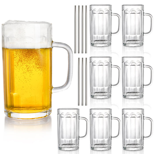 - ZENFUN 8 Pack Heavy Large Beer Glasses, 400ML Glass Beer Mugs with Handle & Stainless Steel Straws, Beer Glass Steins Heavy Base Pub Drinking Mugs
