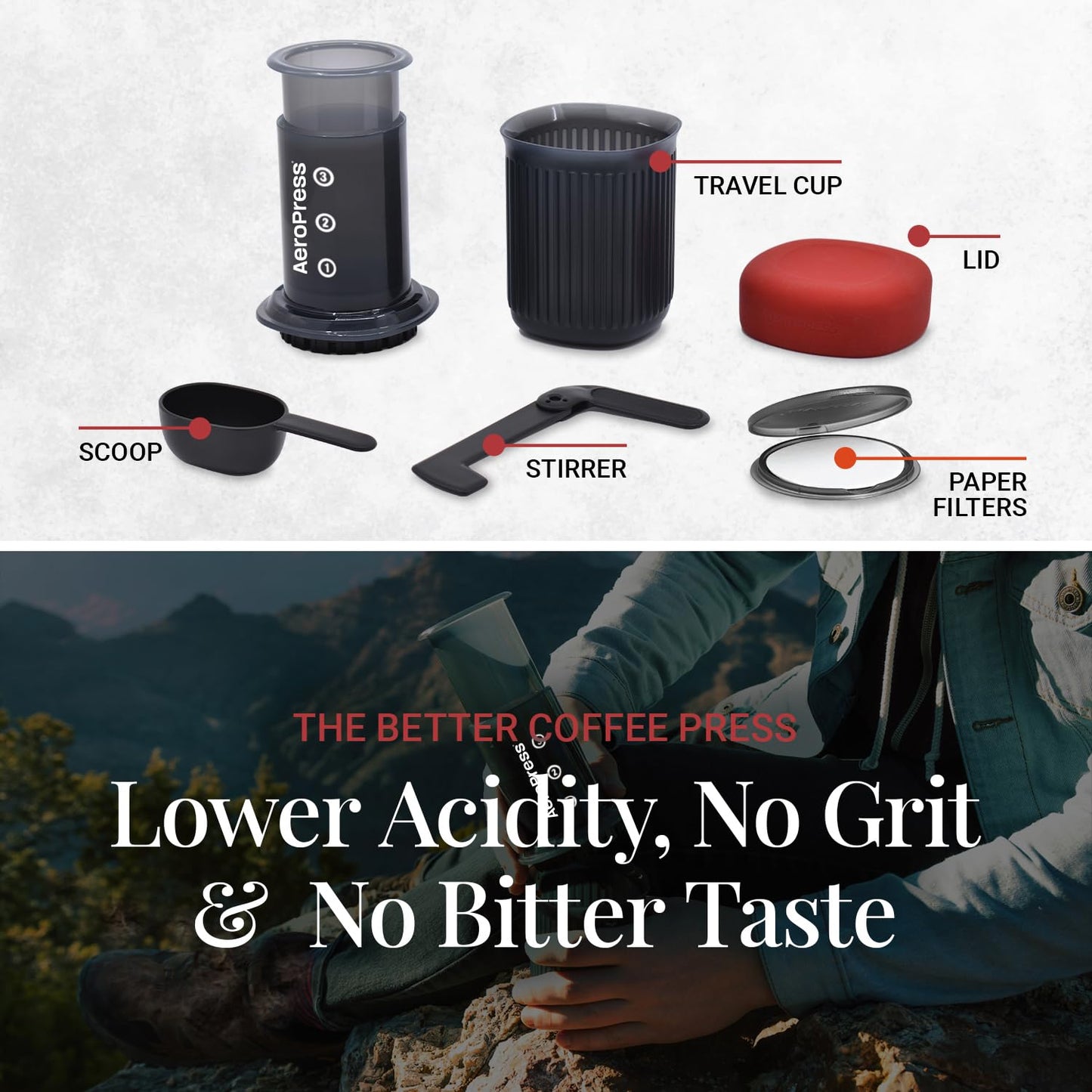 Aeropress Go Portable Travel Coffee Press Kit, 1-3 Cups in a Minute, Coffee, Espresso, & Cold Brew Maker, Manual Coffee Making Machine for Travel, Includes Mug & Lid