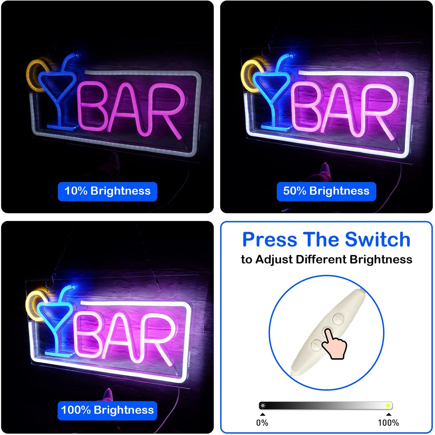 Bar Neon Light Signs for Home Bar, Neon Signs for Wall Decor, Led Neon Light Beer Cocktail USB Powered with Dimmer & Switch, Light Up Neon Wall Signs for Pub Bistro Man Cave Party Gifts, 16.5"×8.7"