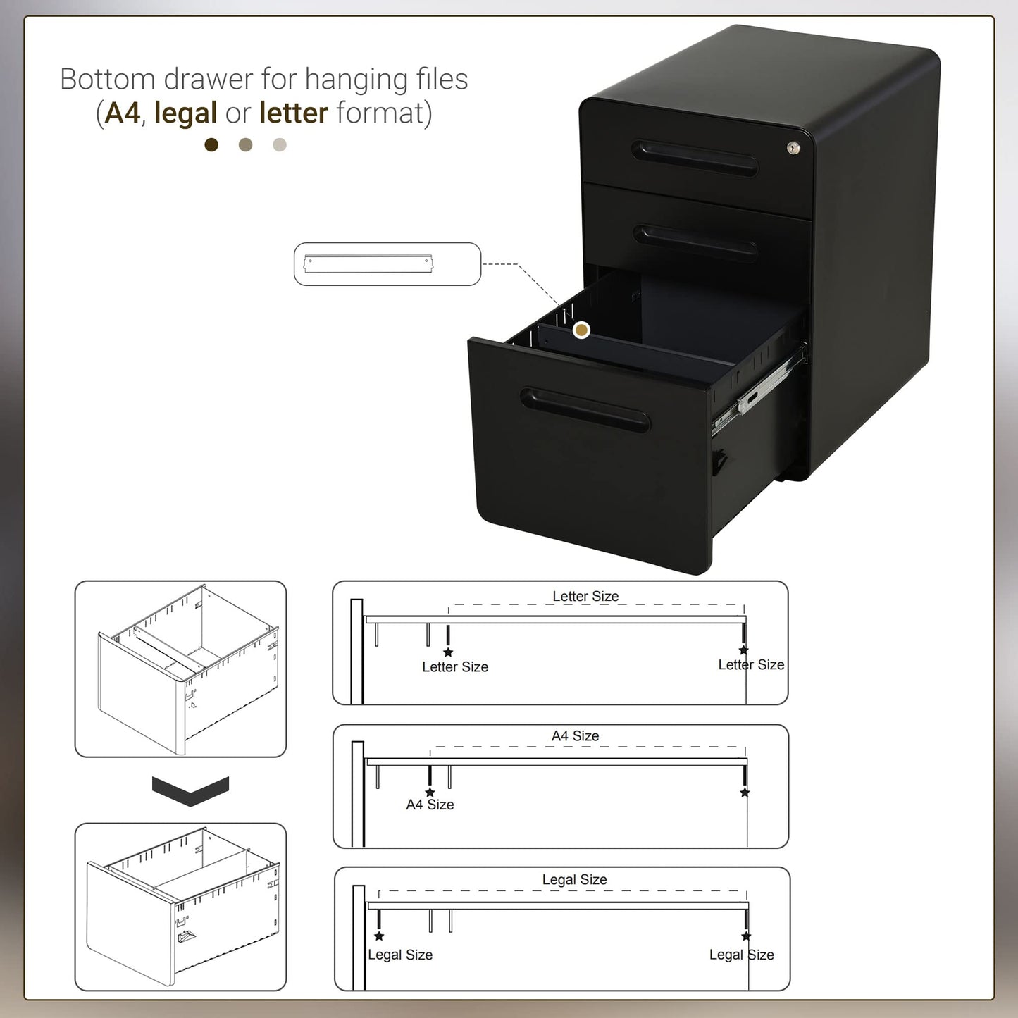 - Vinsetto Lockable File Cabinet with 3 Drawers, Vertical Office Drawer for A4 -