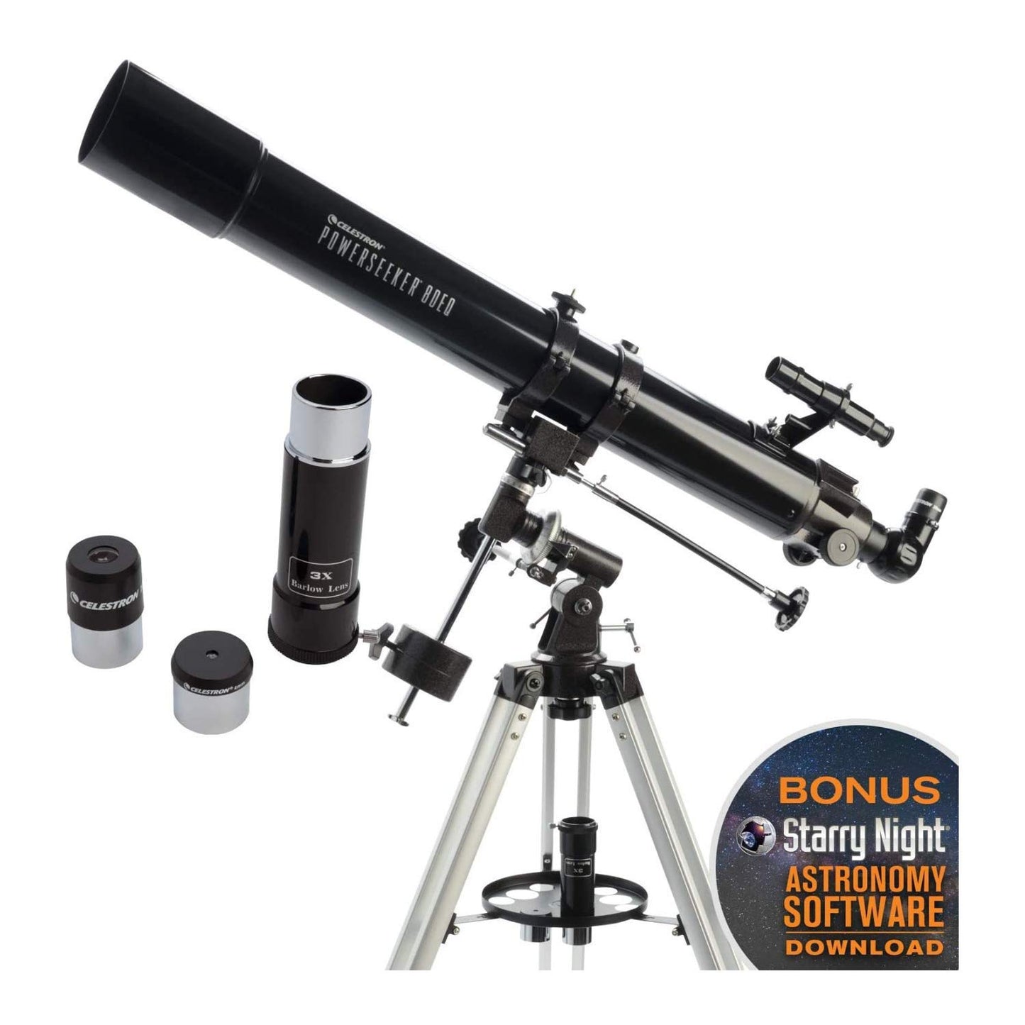 Celestron 21048 PowerSeeker 80EQ Refractor Telescope - includes Two Eyepieces, Erect Image Diagonal, 3x Barlow Lens, Height-adjustable Tripod and Deluxe Accessory Tray, Black