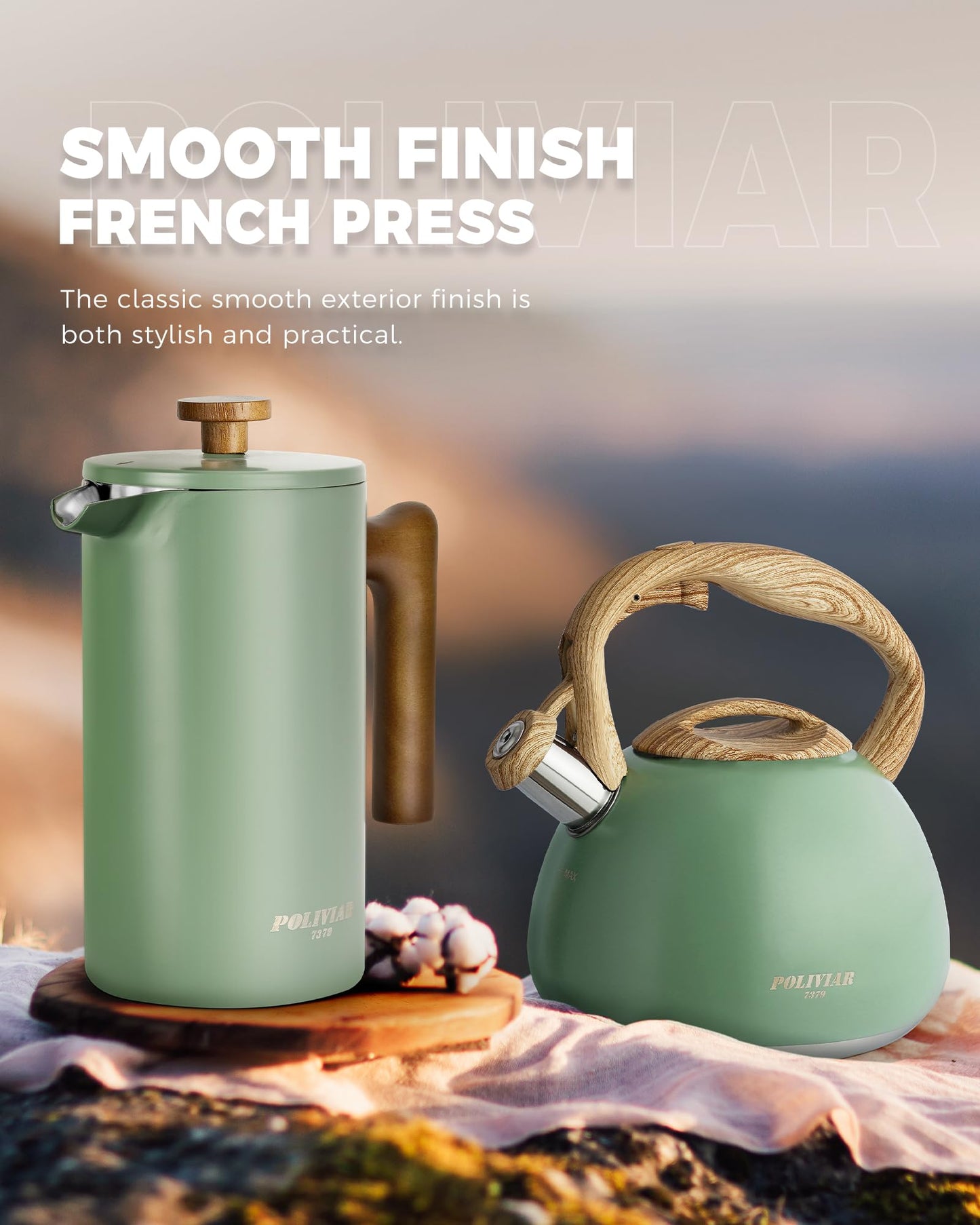 - POLIVIAR Cafetiere 8 Cup- French Press Coffee Maker with Wood Handle | Stainless Steel Cafetiere for Coffee and Tea (1 L) -