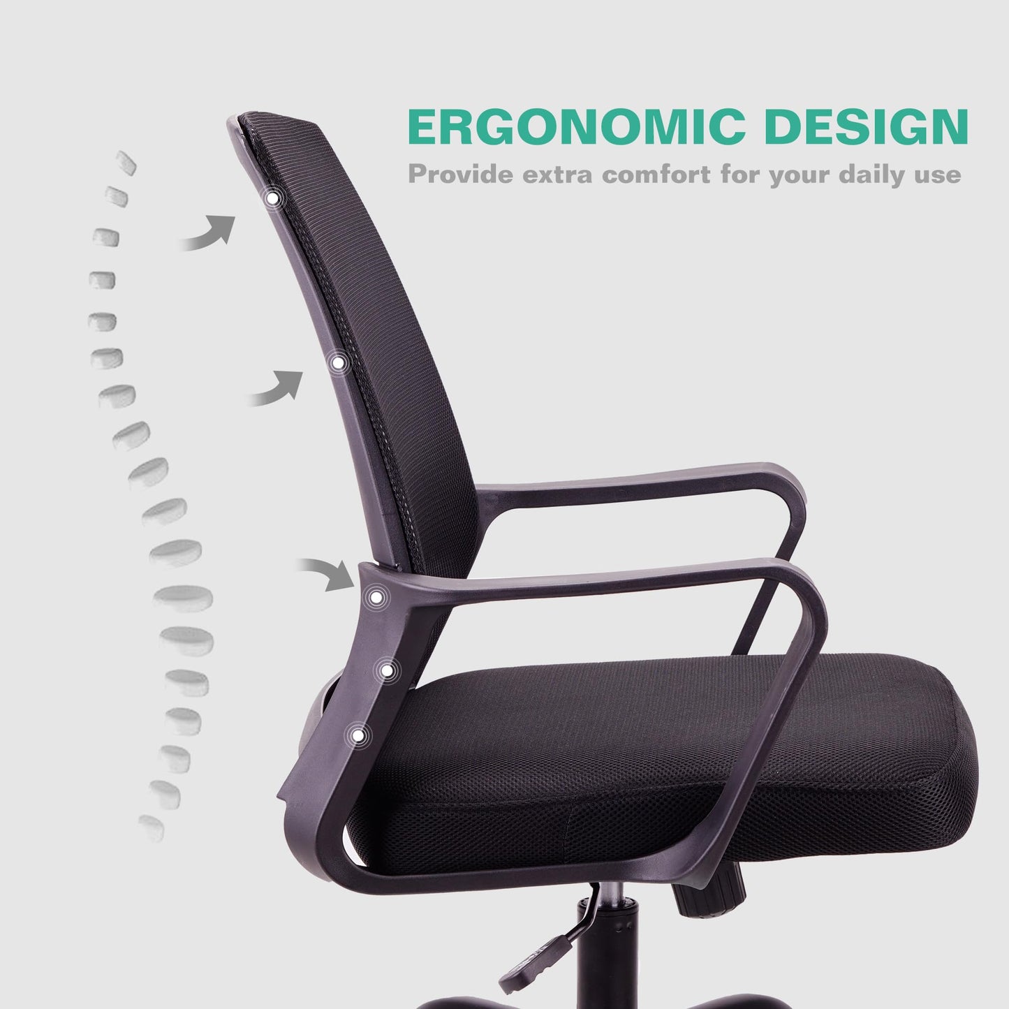 - T-THREE | Adjustable Office Chair | Ergonomic Mesh Swivel Chair | Lumbar Support | Seat for Home Office | Black -