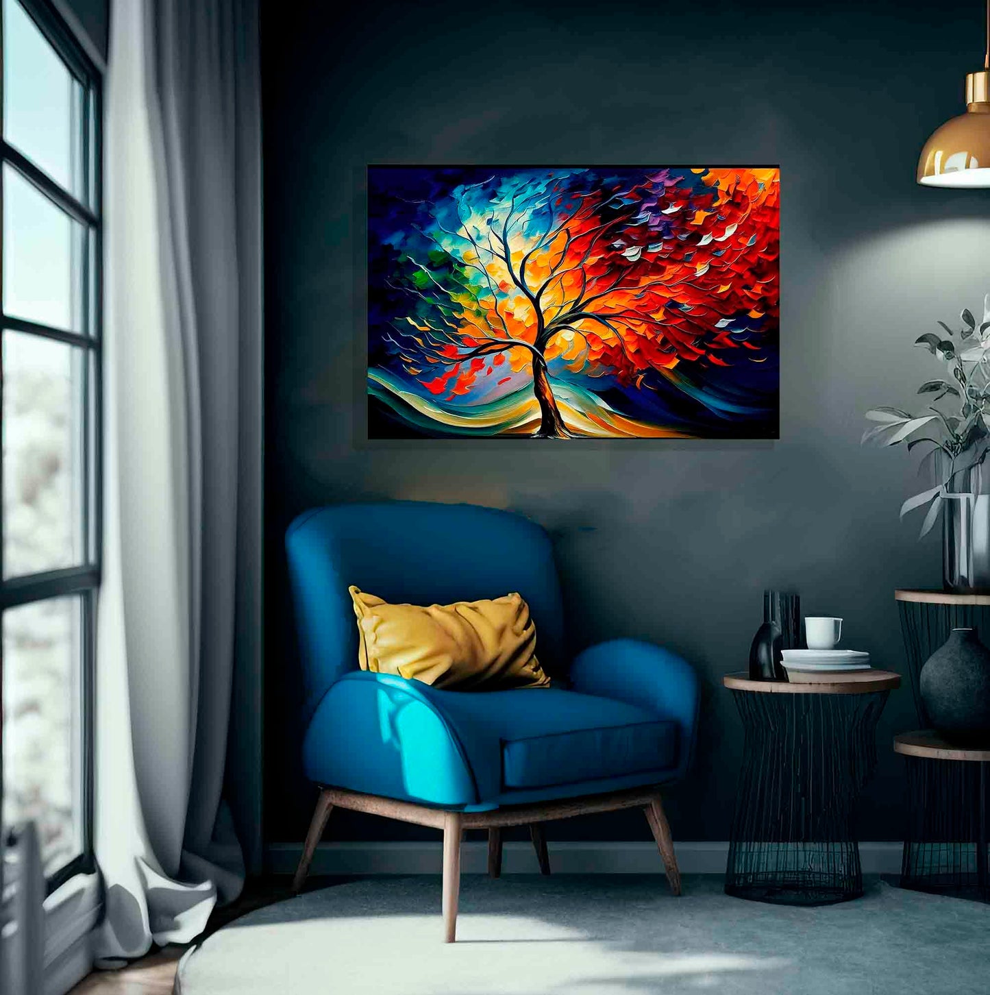 Artley Prints - Colourful Tree Of Life in the Wind Canvas Wall Art Prints | Abstract Pictures | Framed and Ready to Hang for Living Room Extra Large 101 x 76cm (40 x 30 inches)