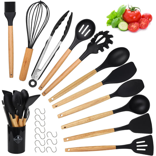 - Kitchen Utensil Set | Hicoosee 22 Pieces Silicone Cooking Utensils Set | Natural Wooden Handles Cooking Tool -