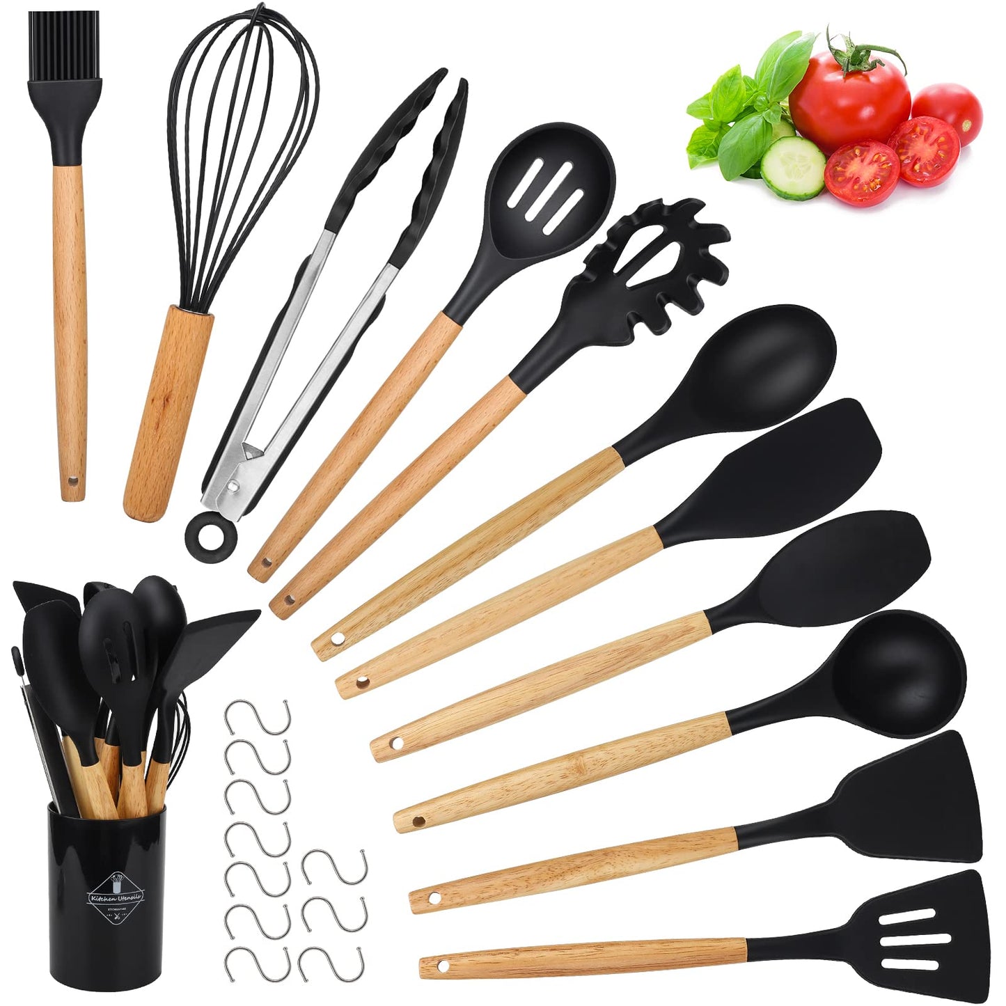 - Kitchen Utensil Set | Hicoosee 22 Pieces Silicone Cooking Utensils Set | Natural Wooden Handles Cooking Tool -