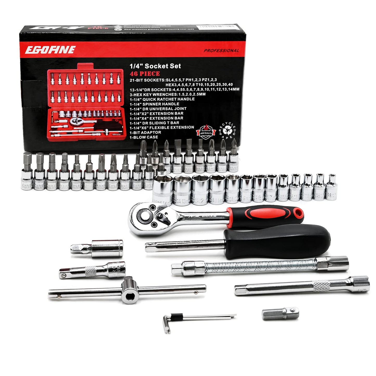 - Egofine 46 Pieces 1/4" Drive Socket Set&Tool Sets | Ratchet Wrench Set With Bit Socket Set -
