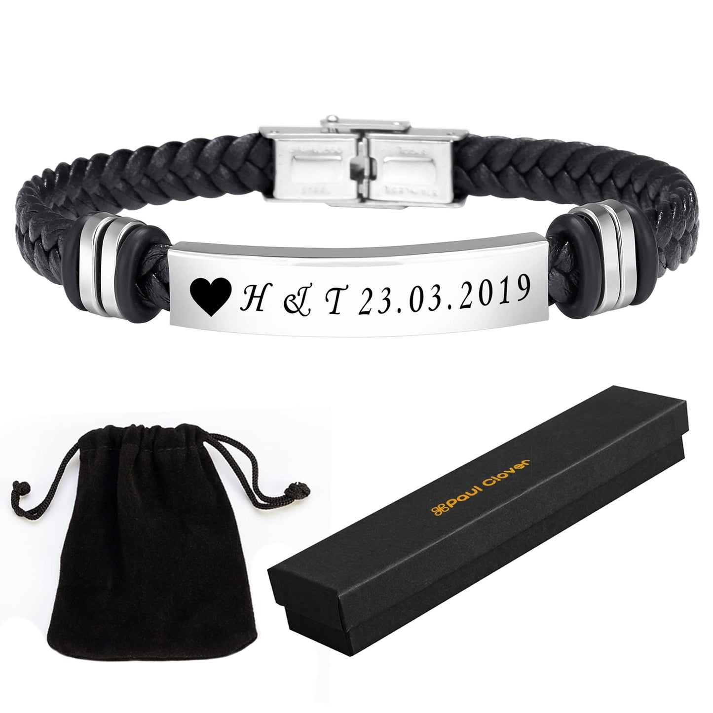 - Personalised Mens Leather Bracelets | Gift Box and Velvet Pouch -