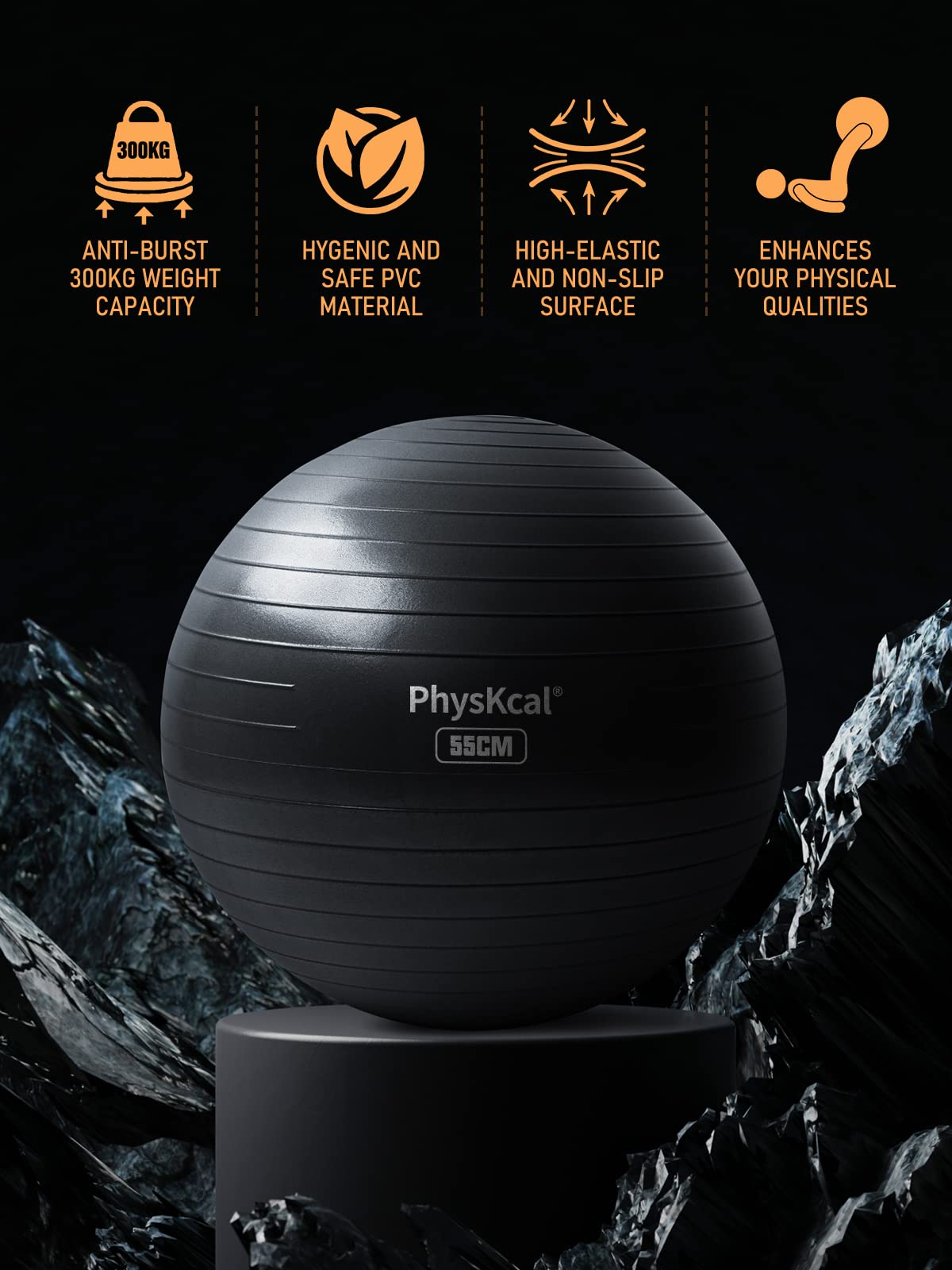 - PhysKcal Gym Ball | 55cm Black Exercise Swiss Ball -