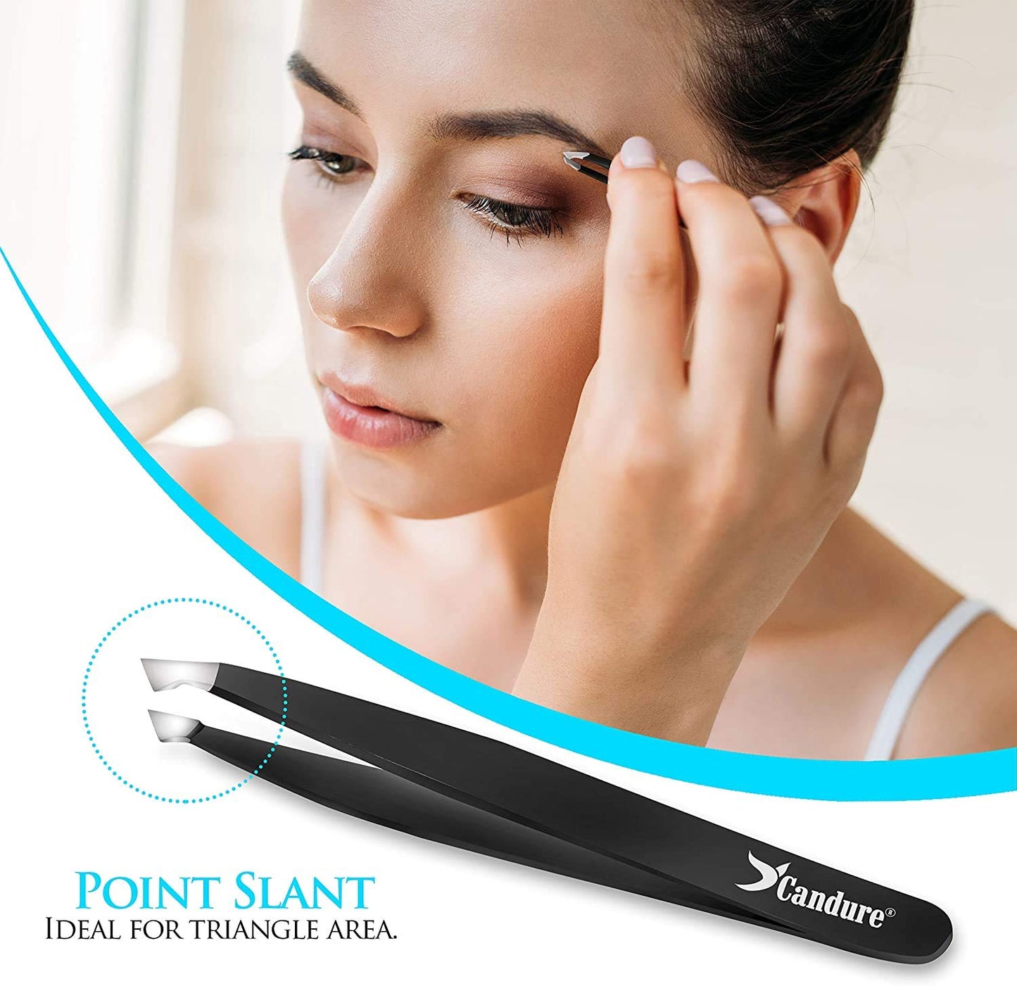 Candure Tweezers for Eyebrows - Professional Stainless Steel Slanted and Pointed Tip Hair Tweezers Set for Ingrown Hair, Blackhead Removal, Eyelash Extension, Eyebrows Plucking Beauty Tool for Women
